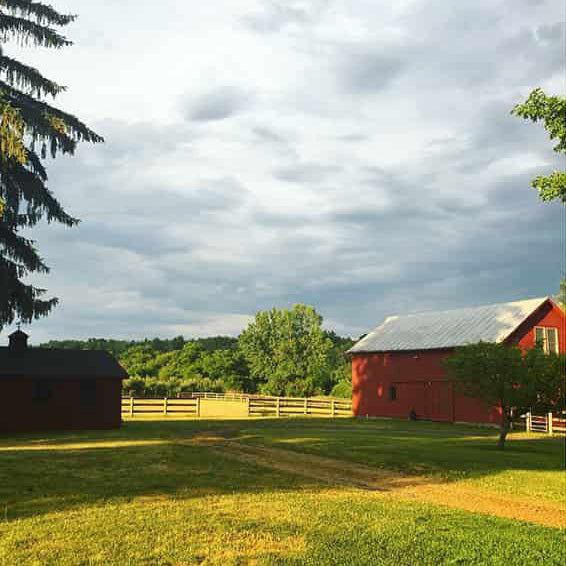 Red barn in green field with cloudy sky above