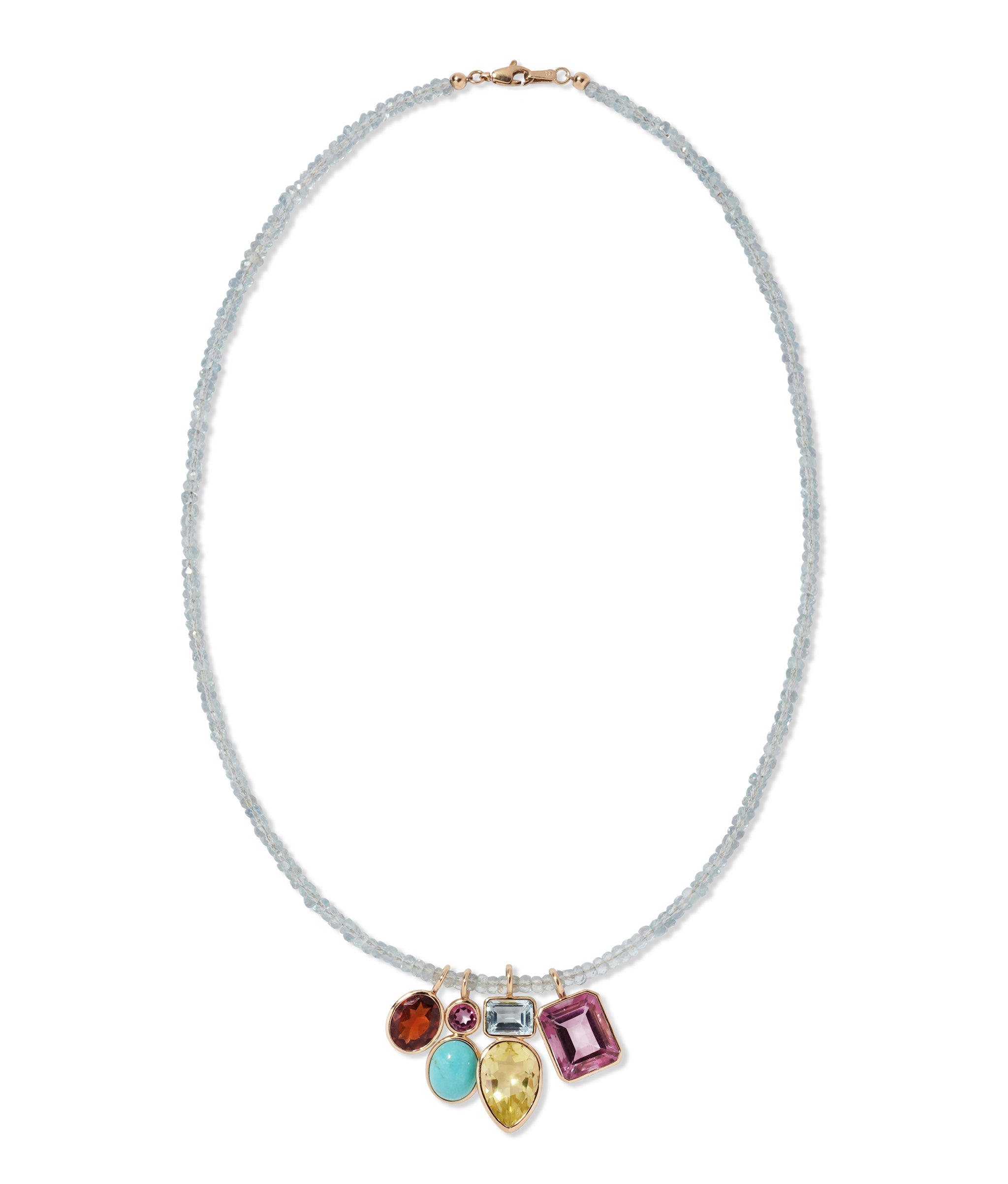 Fine Mood Charm Necklace in Aquamarine Oasis. Tiny aquamarine beads with four semiprecious charms.