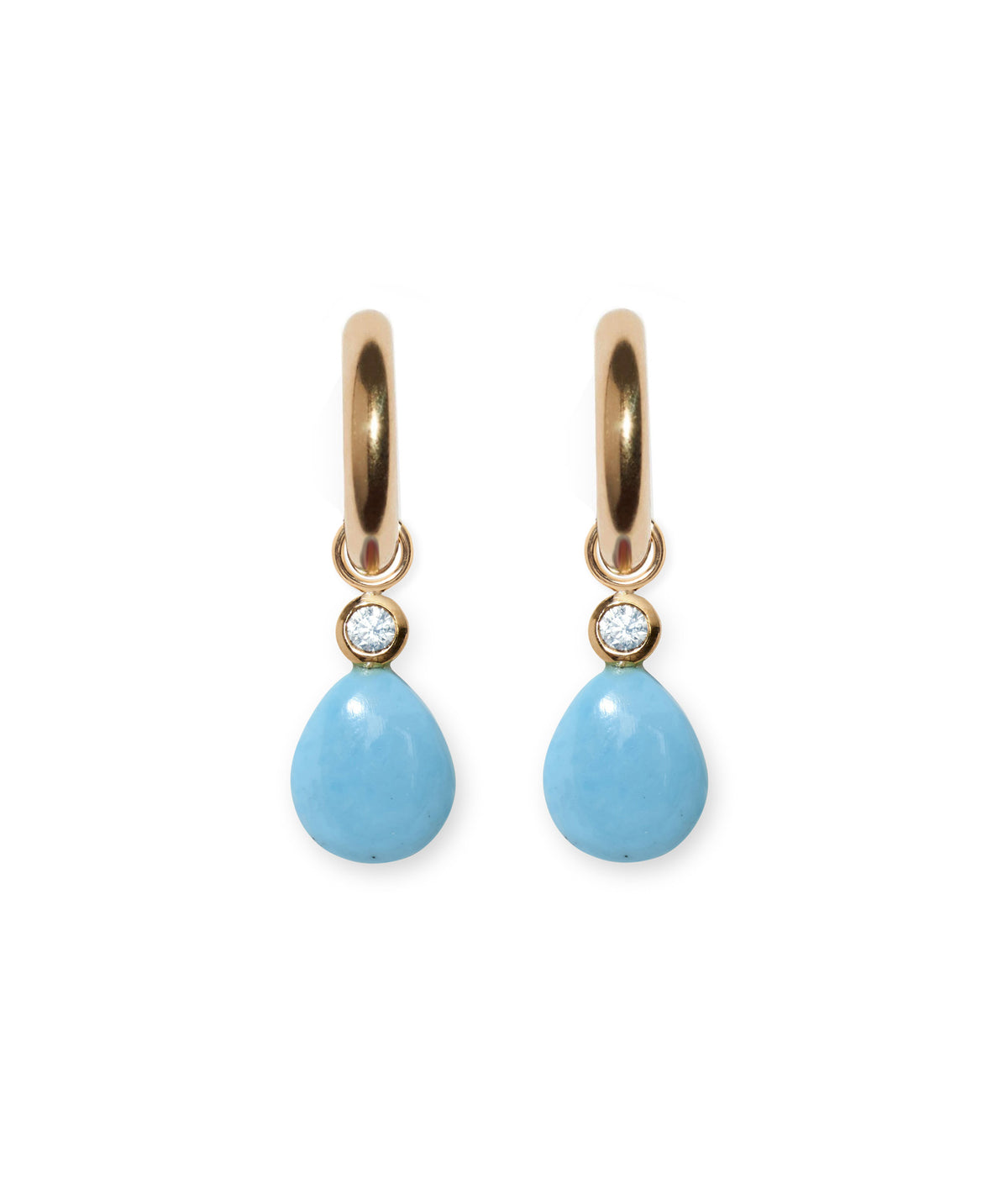 15mm 14k Gold Mood Hoops in Turquoise. Gold hoop earrings with matching charms in sky blue topaz and turquoise drop.