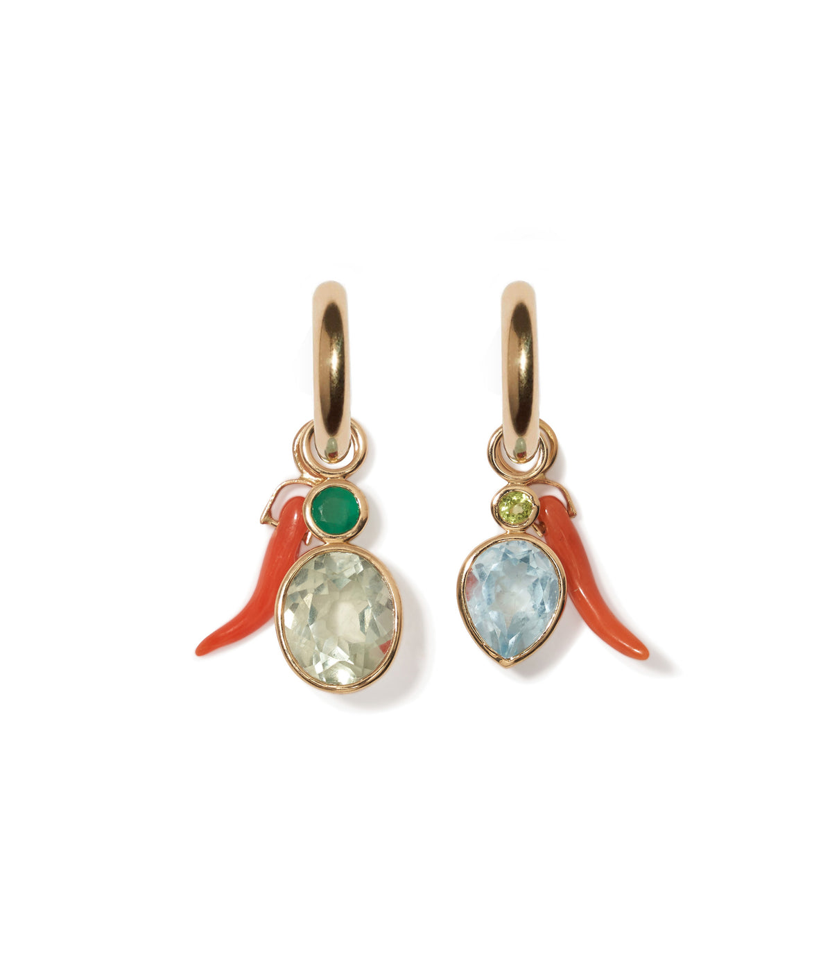 12mm 14k Gold Mood Hoops in Lucky Charms. Gold hoop earrings with mismatched sets of semiprecious and coral horn charms.