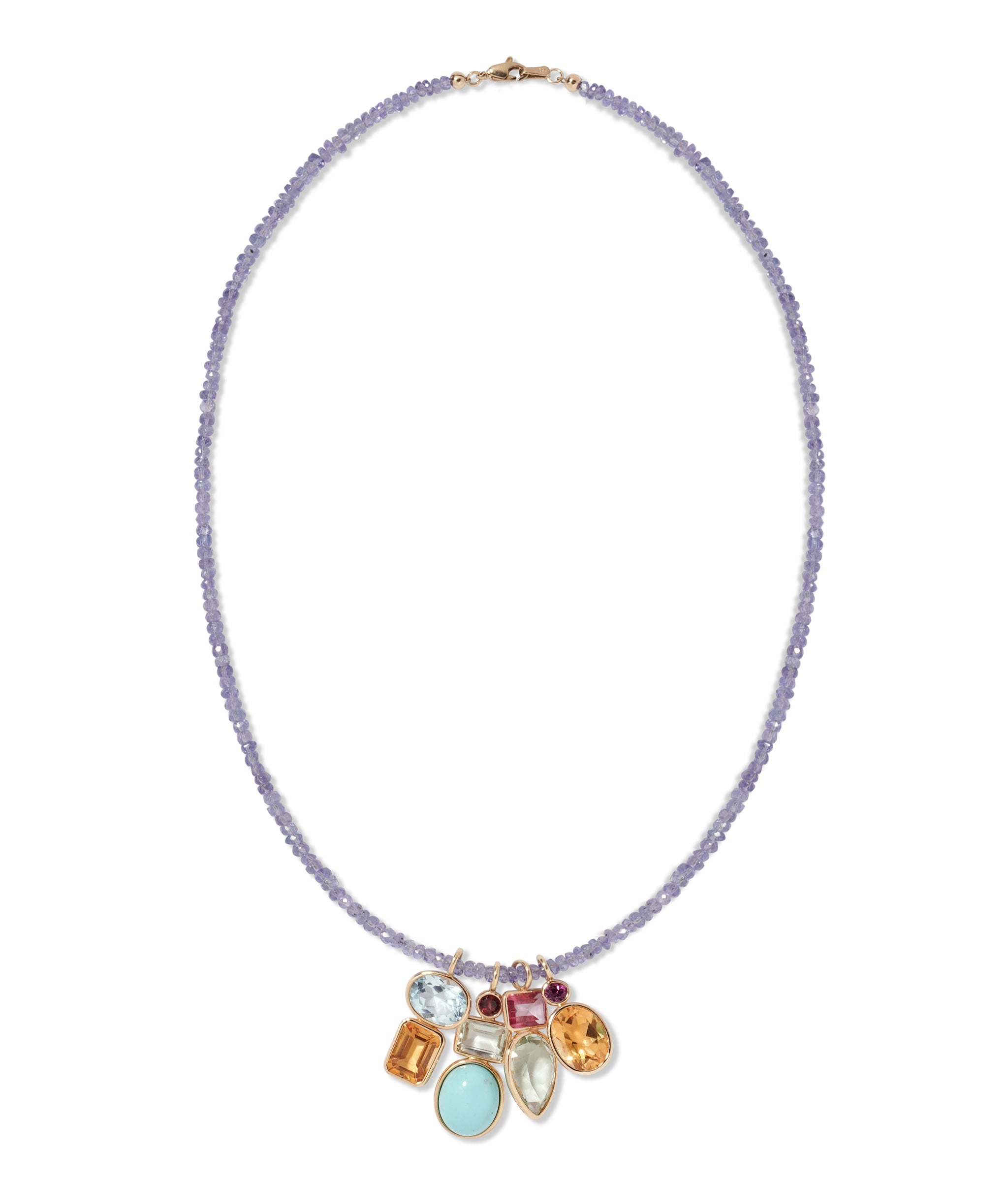 Fine Mood Charm Necklace in Tanzanite Treasure. Tiny purple tanzanite beads with four semiprecious charms.