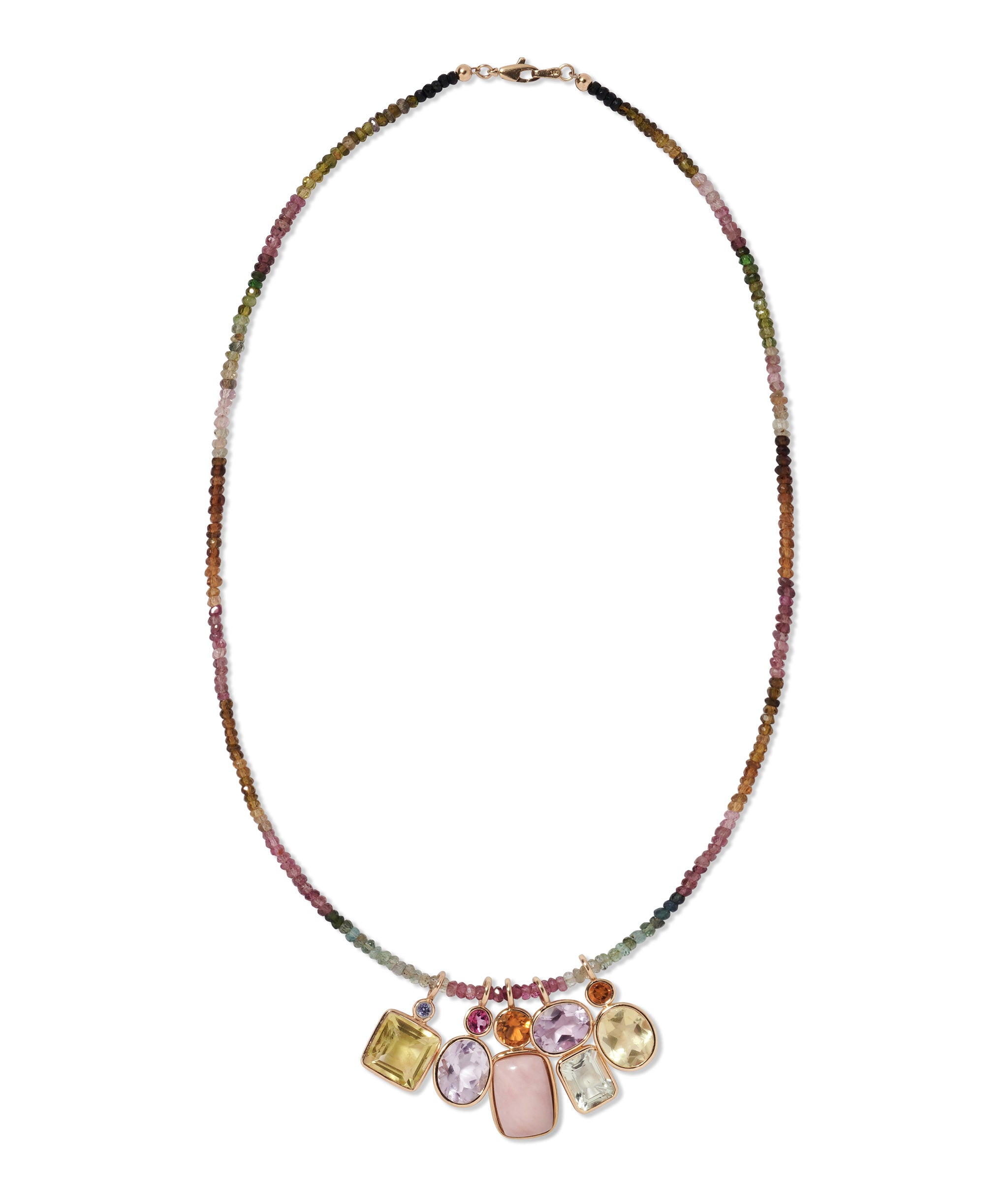 Fine Mood Charm Necklace in Tourmaline Dream. Tiny rainbow tourmaline beads with five semiprecious charms.
