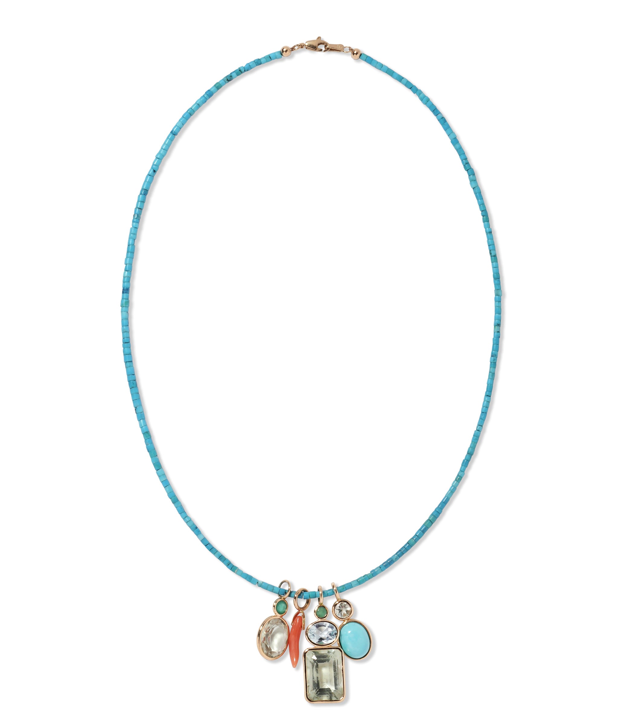 Fine Mood Charm Necklace in Turquoise Tide. Tiny turquoise heishi beads with four semiprecious charms.