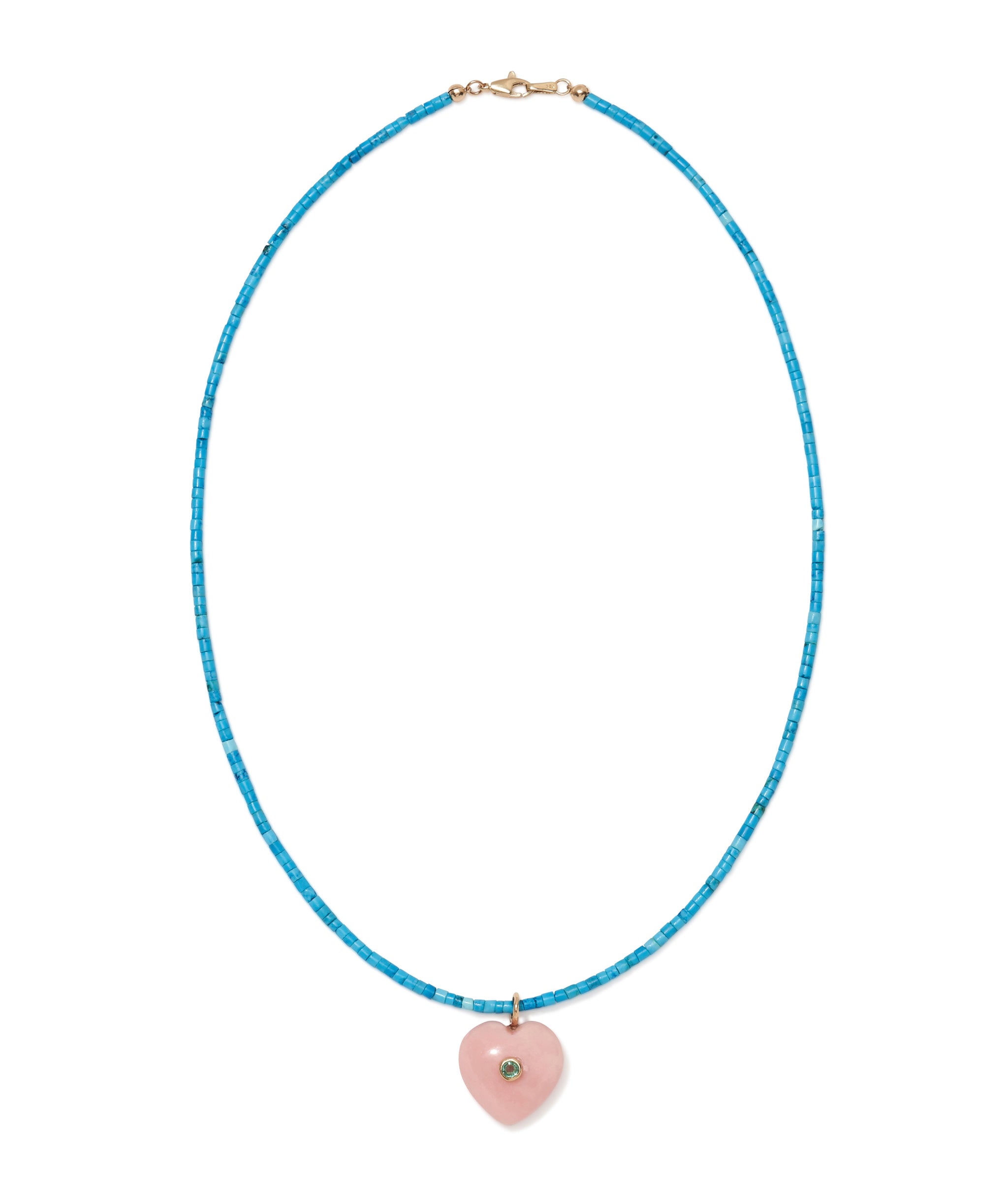 Fine Mood Necklace in Turquoise with Pink Opal Heart Charm. Turquoise heishi bead base with pink heart charm.