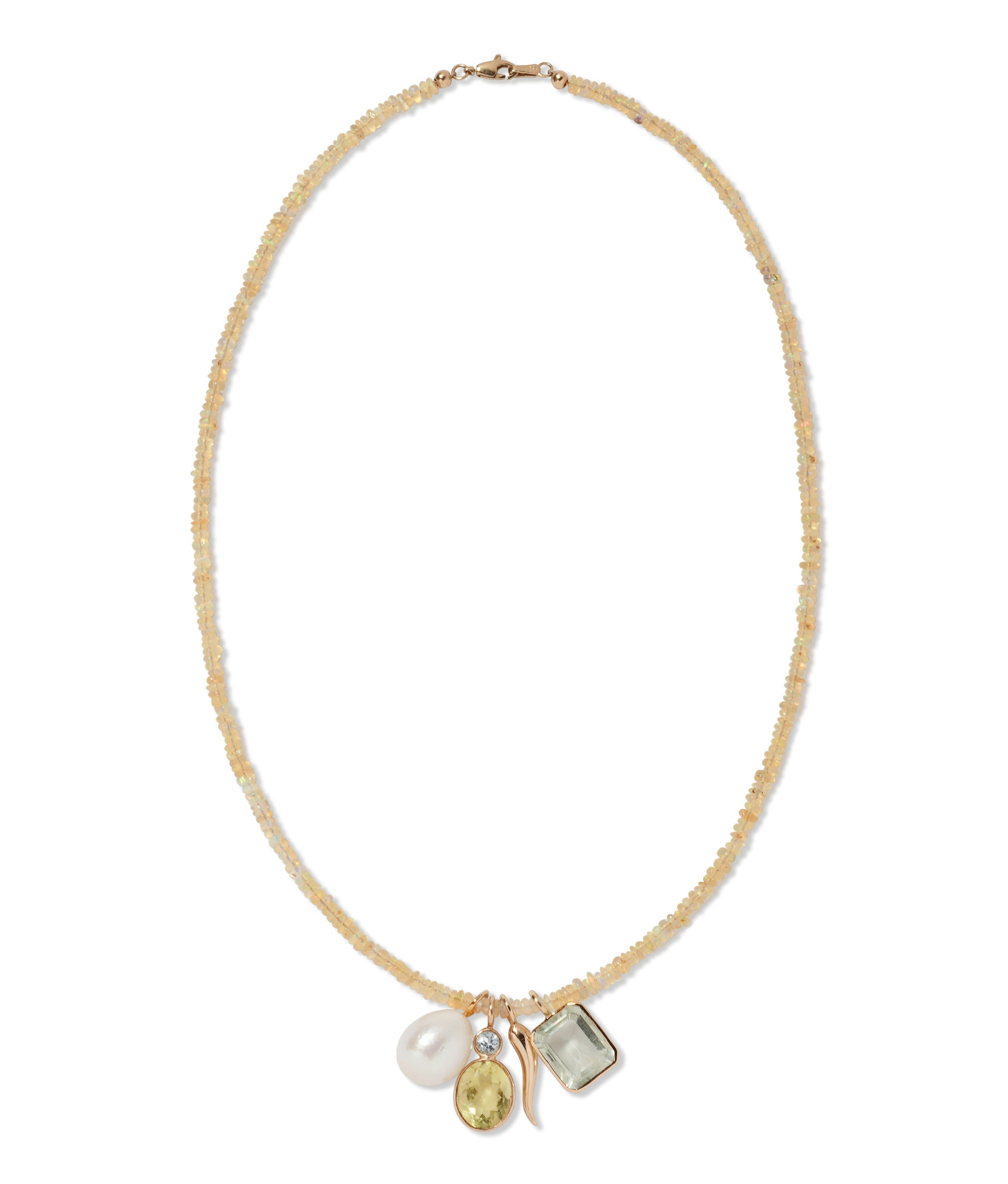 Fine Mood Charm Necklace in Opal Odyssey. Tiny yellow opal beads with semiprecious, pearl and gold horn charms.