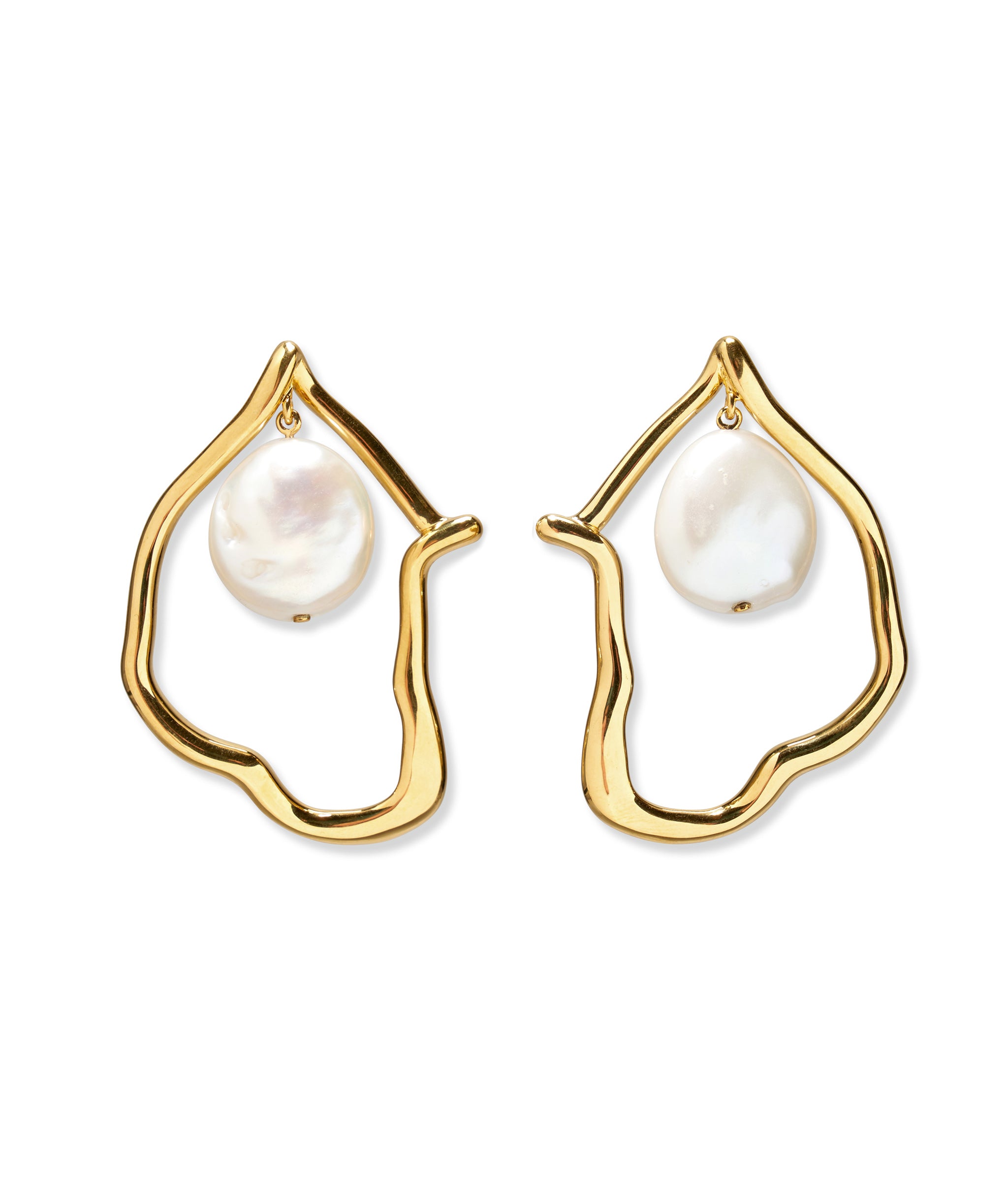 Formation Earrings in Pearl. Gold-plated brass abstract shape earrings with hanging freshwater pearl drops.