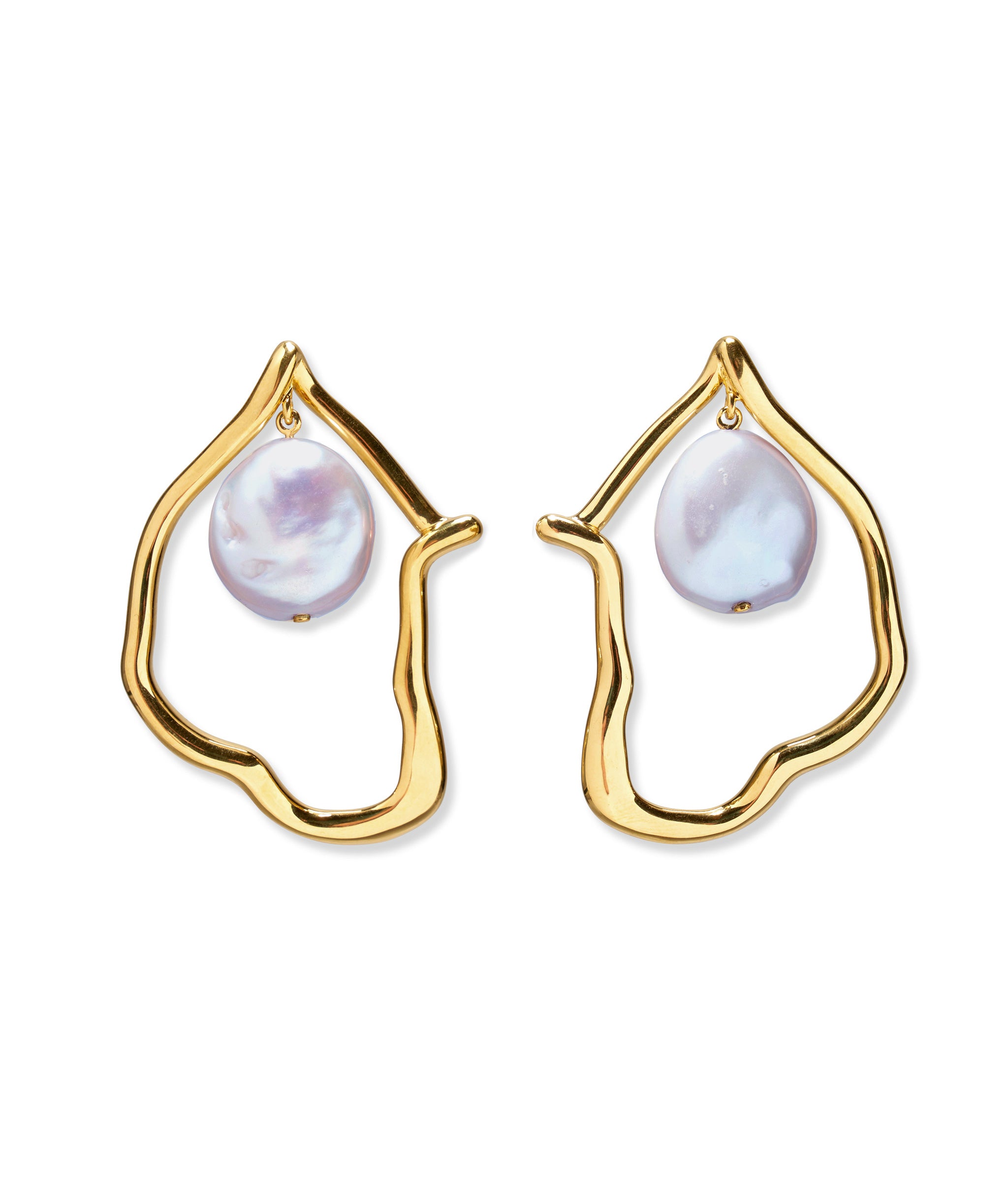 Formation Earrings in Pearl. Gold-plated brass abstract shape earrings with hanging freshwater pearl drops.