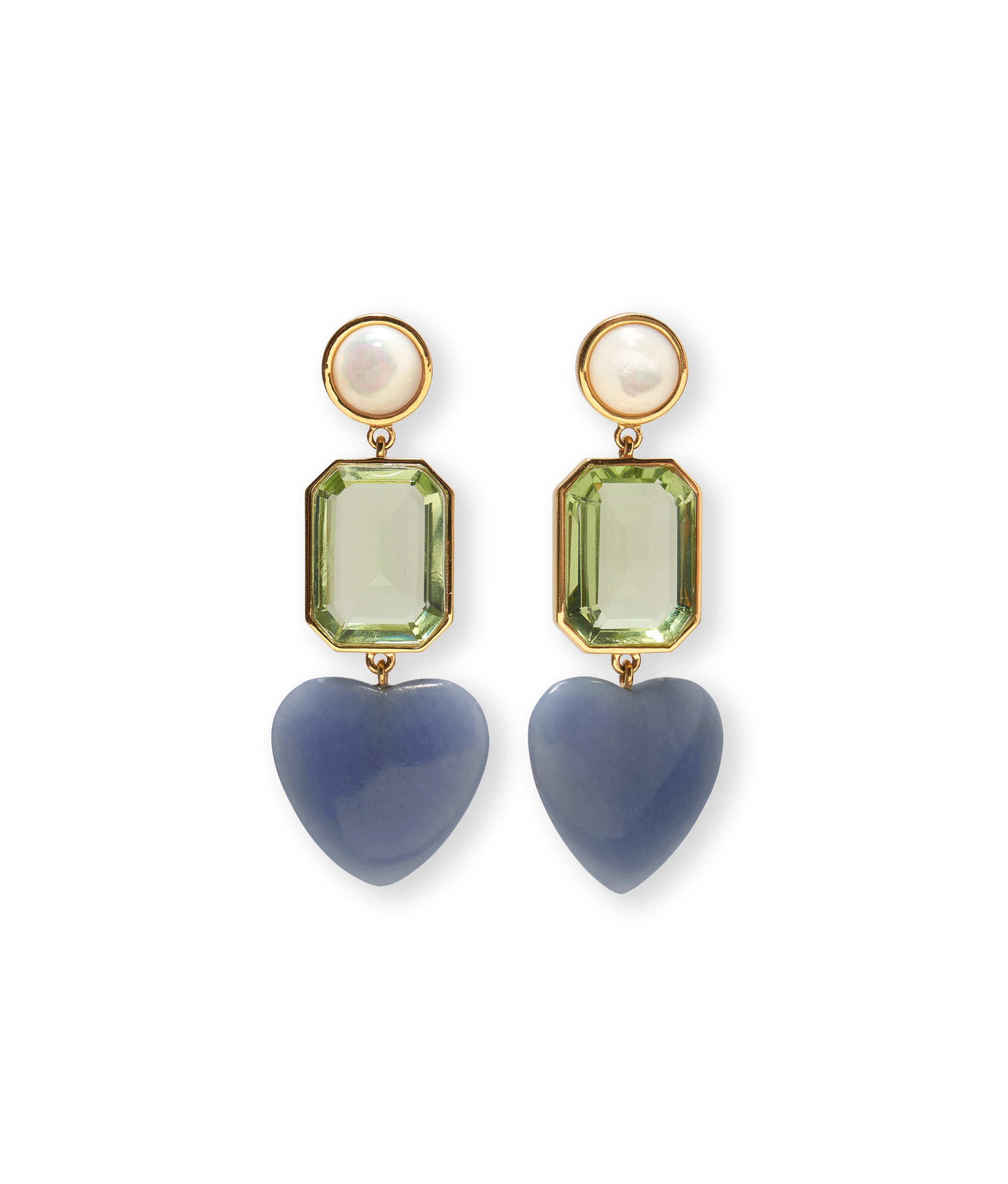 Demy Earrings in Azul. Gold-plated brass, mother-of-pearl tops, green quartz baguettes, and carved blue angelite hearts.