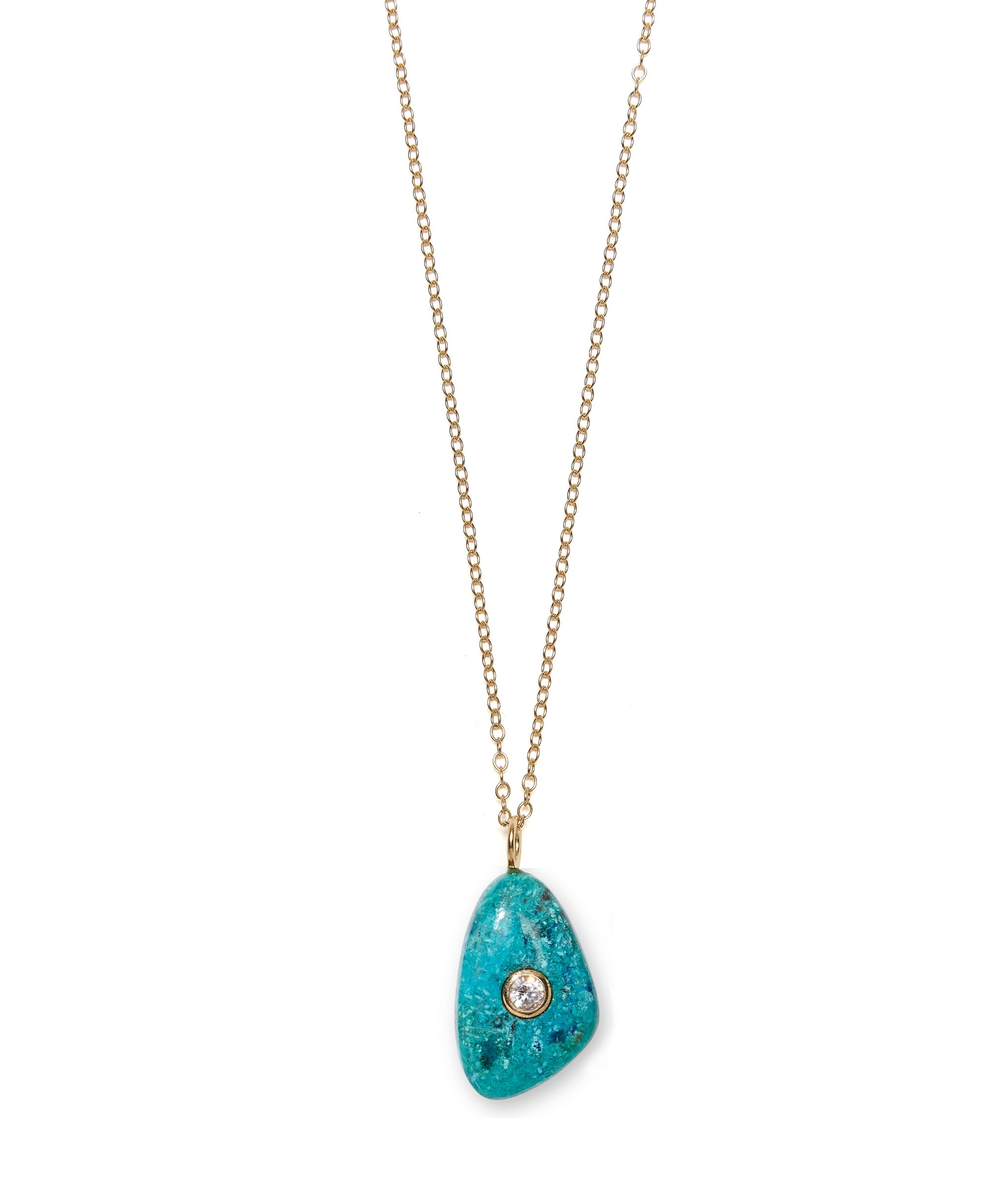  Close-up on gold necklace chain with Shattuckite & Diamond 14k Gold Teardrop Charm