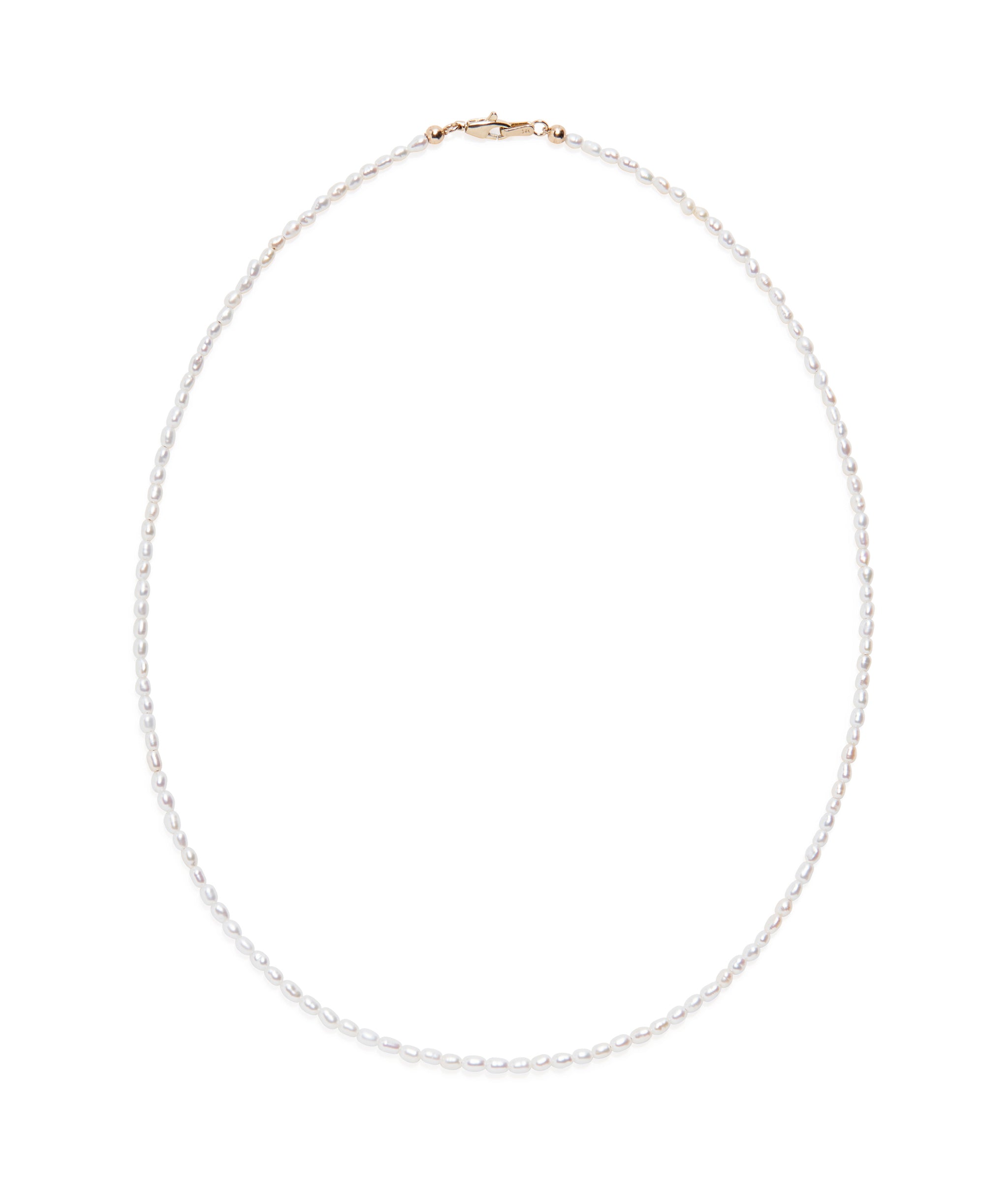 Tiny Beaded 14k Gold and Pearl Necklace. Rice pearl beads with elongated gold lobster clasp.