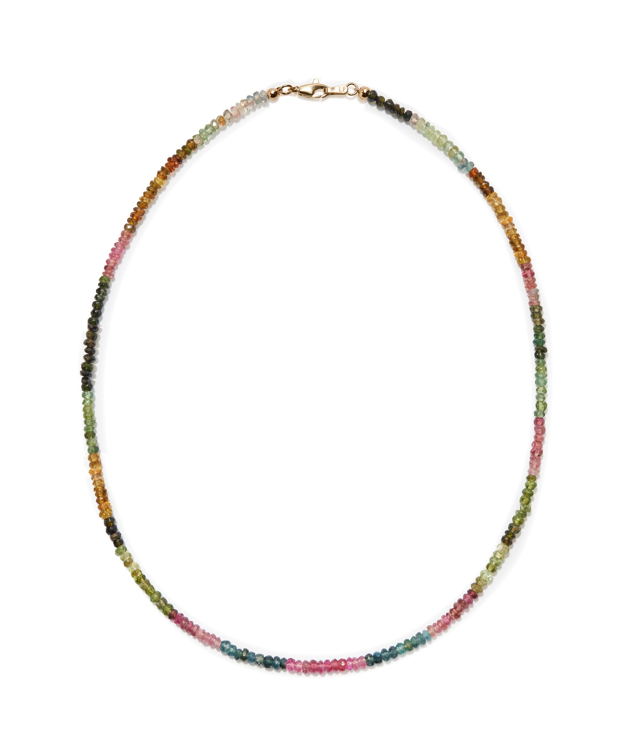 Tiny Beaded 14k Gold Necklace in Rainbow Tourmaline. Single strand of Color-blocked faceted tourmaline beads.