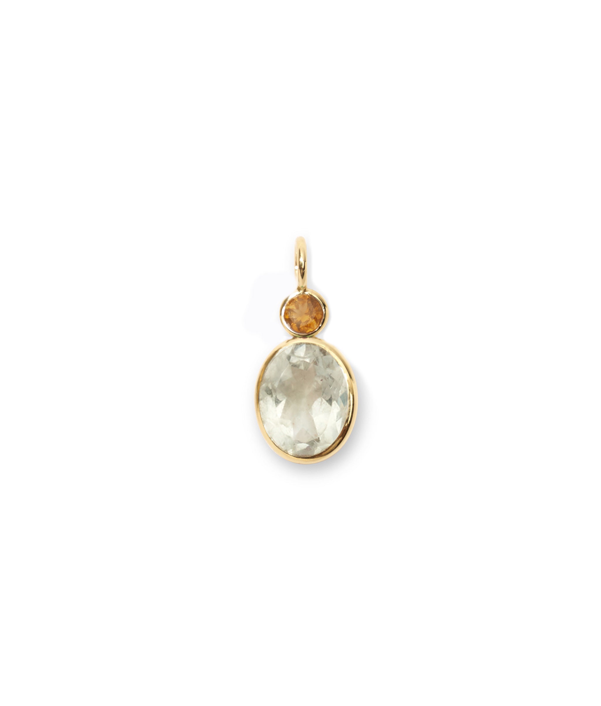 Citrine & Green Amethyst 14k Gold Necklace Charm. Faceted round citrine and green amethyst oval charm with gold bezels