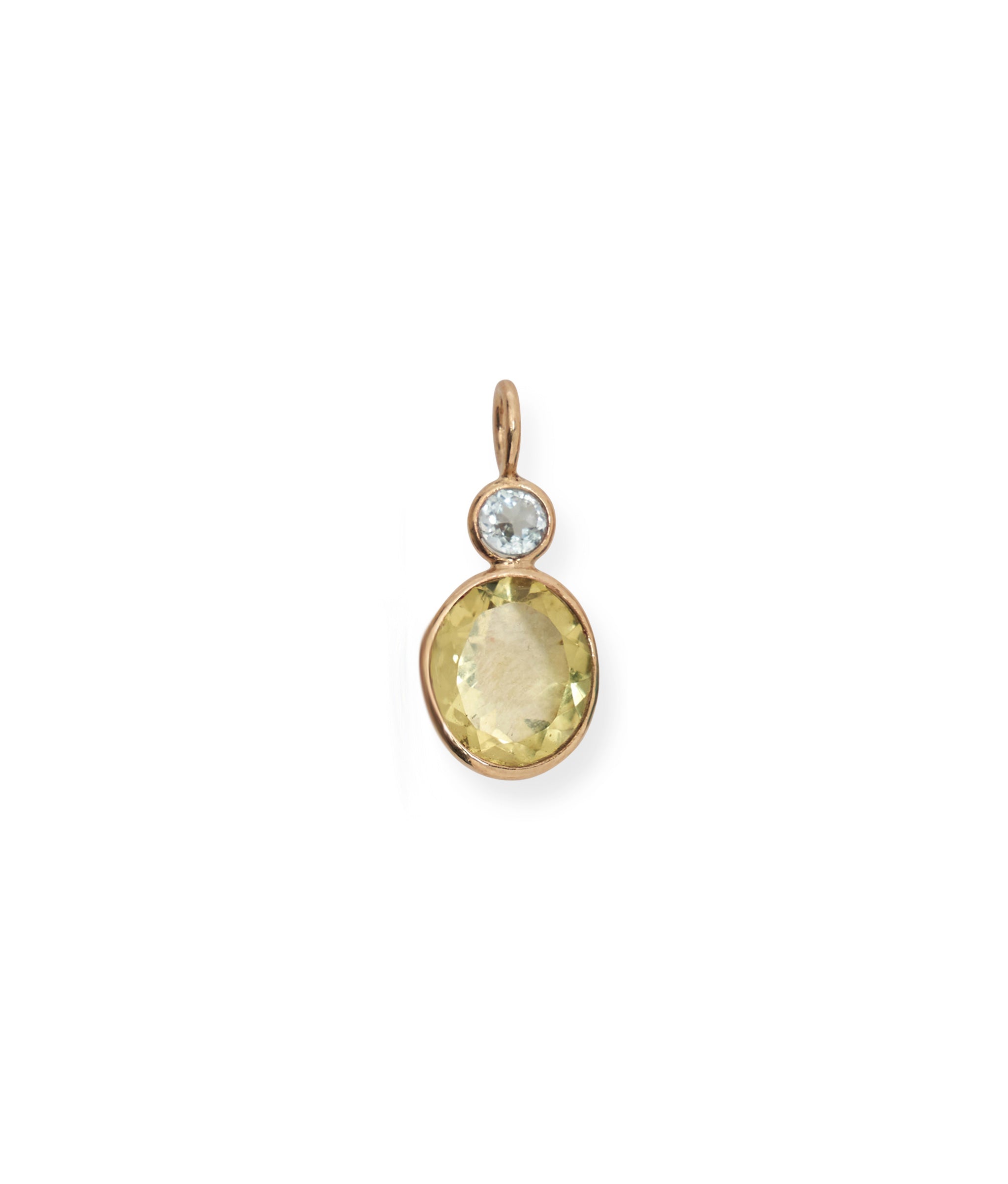 Sky Blue Topaz & Lemon Quartz 14k Gold Necklace Charm. Faceted blue topaz circle and lemon quartz oval with gold bezels