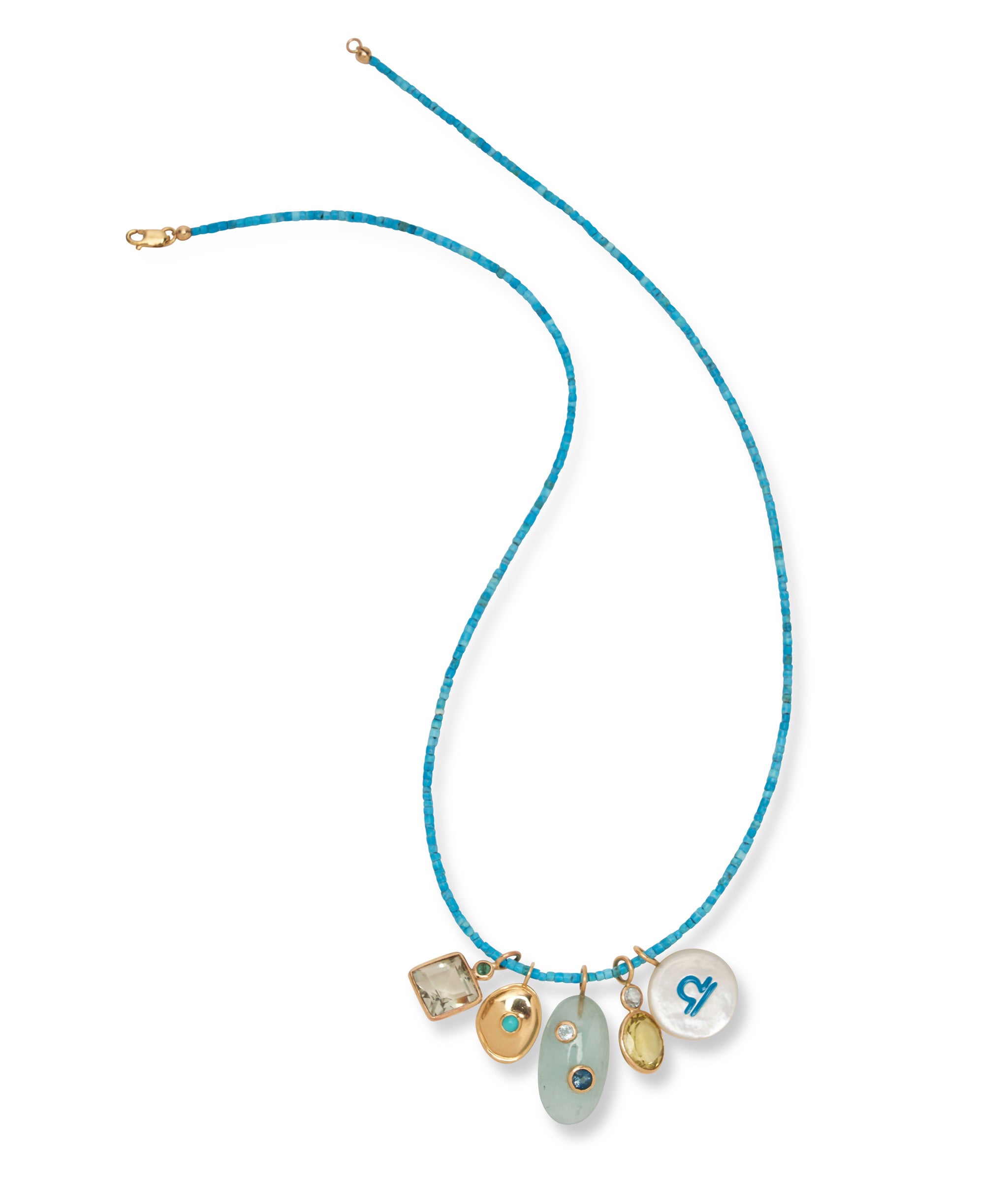 Tiny Beaded 14k Gold and Turquoise Necklace with assorted semiprecious charms.