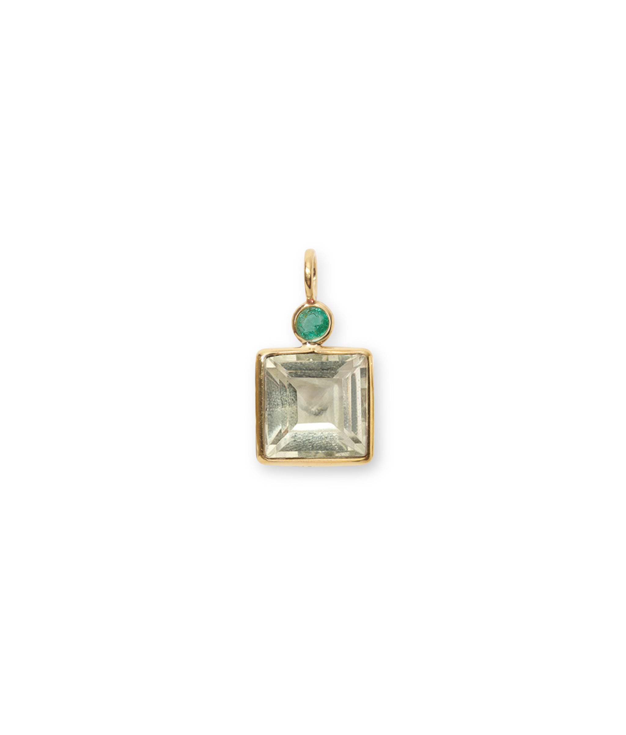 Emerald & Green Amethyst 14k Gold Necklace Charm. Faceted emerald and green amethyst square with gold bezels