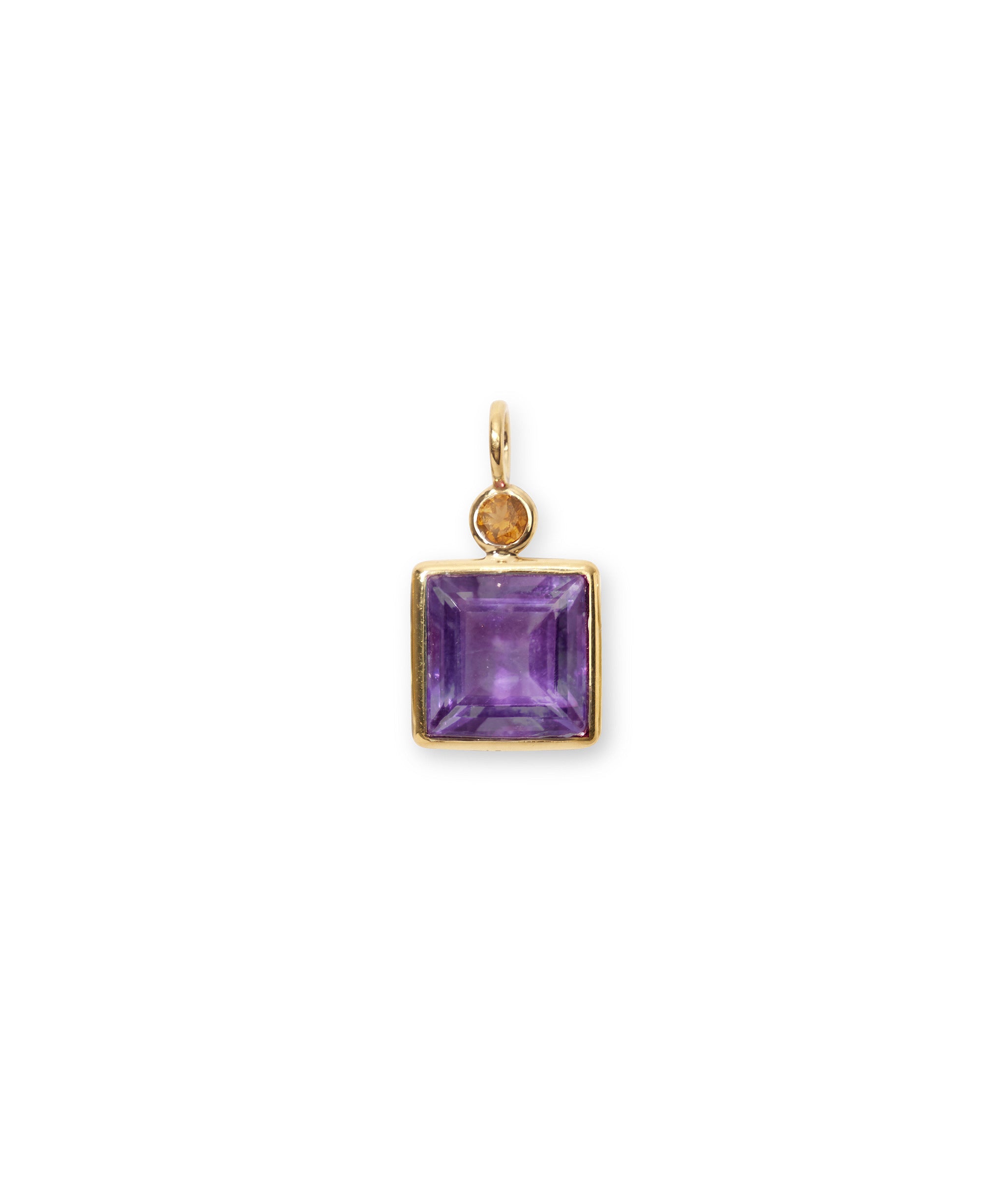 Close-up of Square 14k Gold Necklace Charm in Citrine & Amethyst.