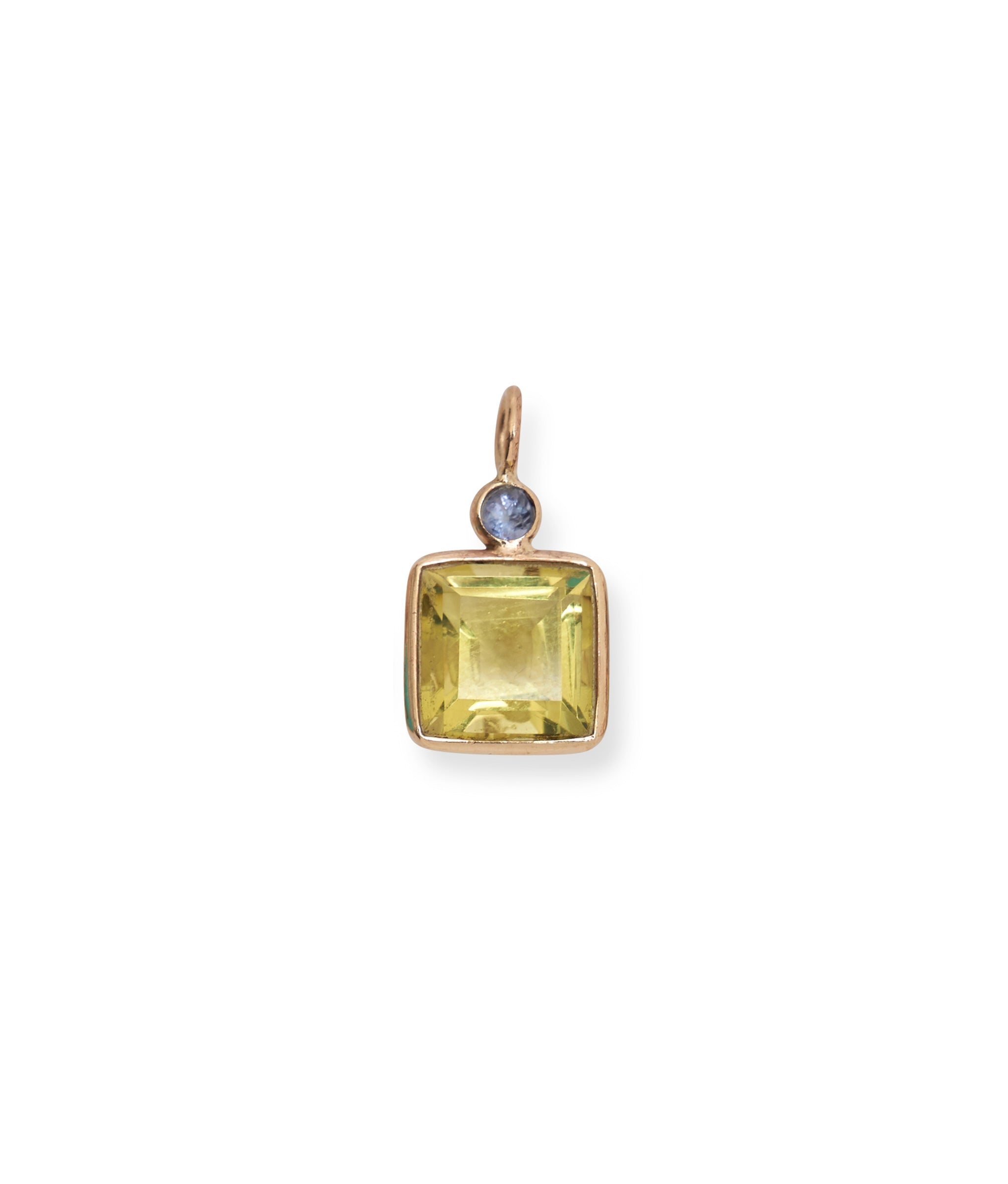Tanzanite & Lemon Quartz 14k Gold Necklace Charm. Faceted tanzanite and lemon quartz square charm with gold bezels