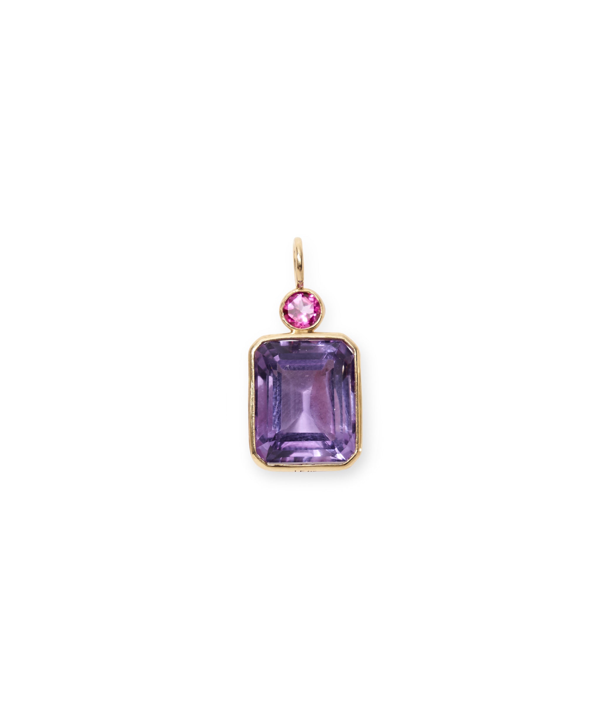 Pink Topaz & Amethyst 14k Gold Necklace Charm. Faceted round hot pink topaz and  amethyst rectangle charm with gold bezels