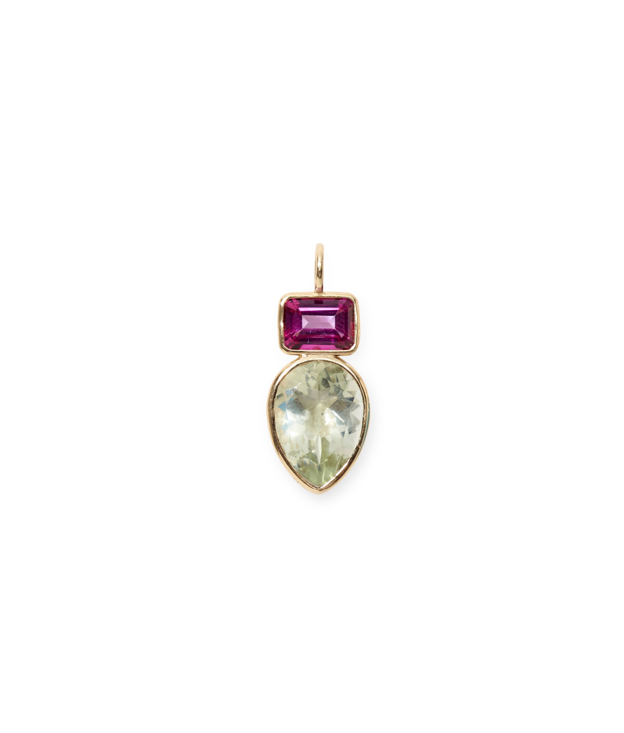 Pink Topaz & Green Amethyst Teardrop 14k Gold Necklace Charm. Faceted pink topaz baguette and green amethyst teardrop