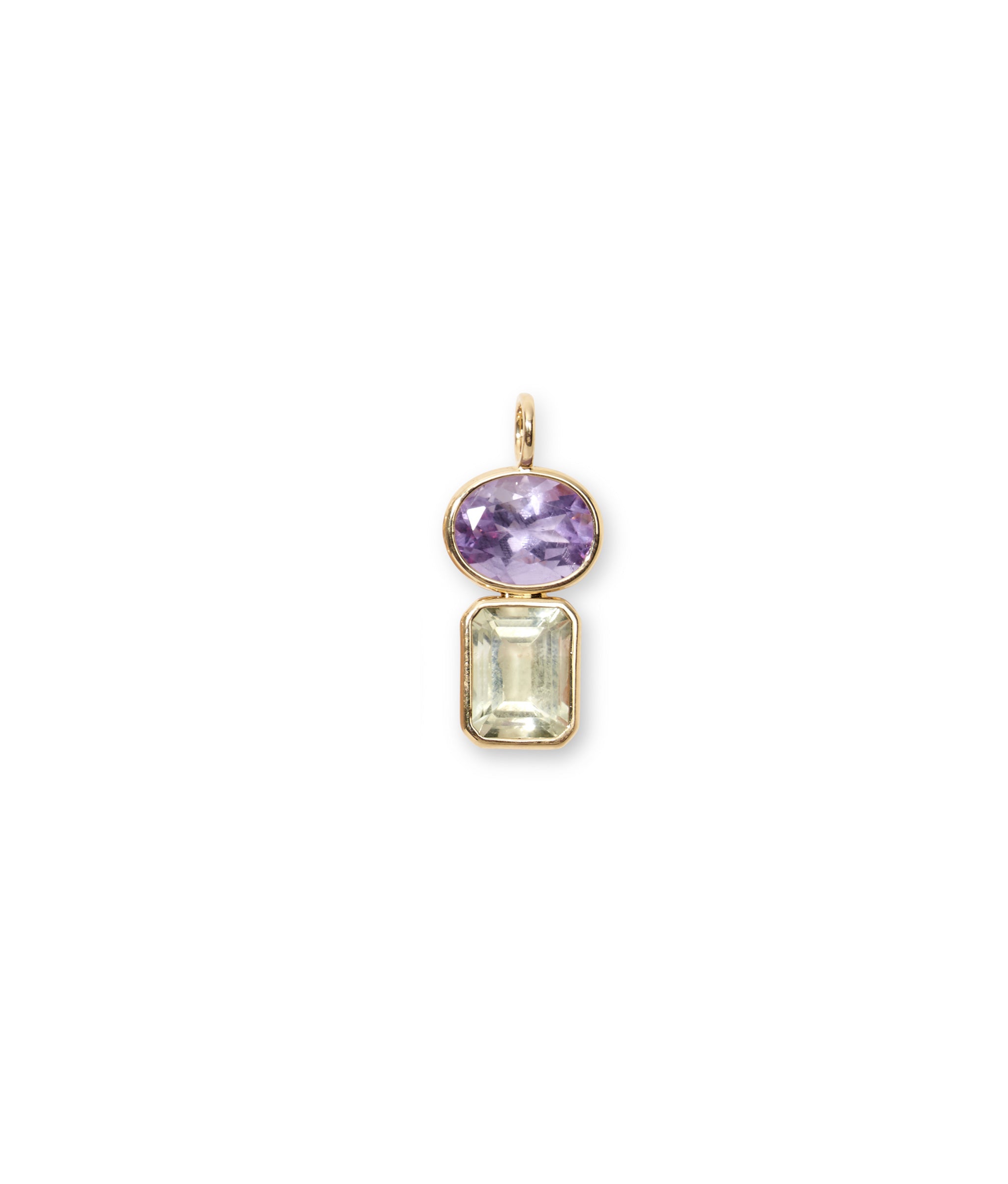 Amethyst & Green Amethyst 14k Gold Necklace Charm. Faceted oval amethyst and green amethyst rectangle charm with gold bezels
