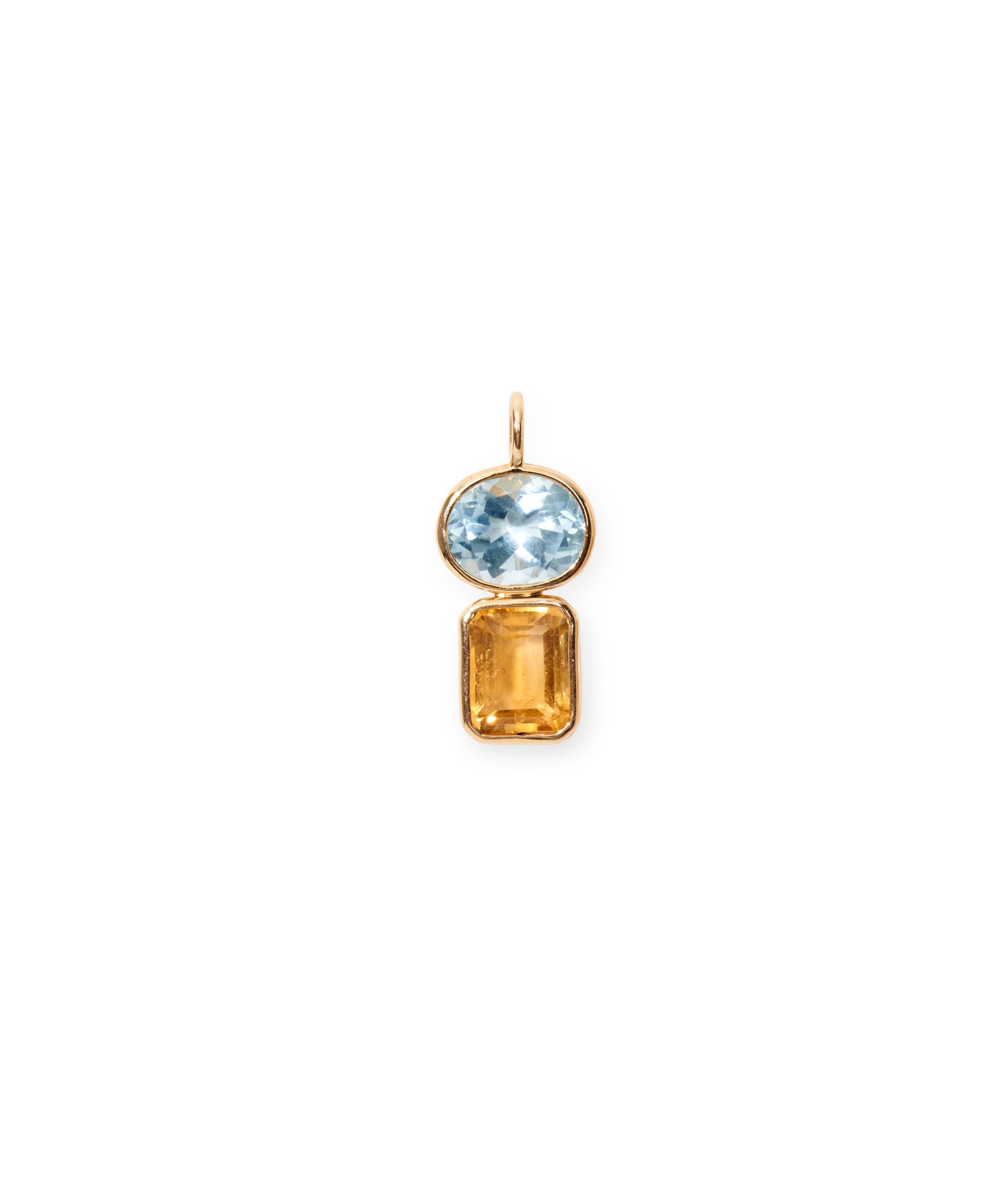 Sky Blue Topaz & Citrine 14k Gold Necklace Charm. Faceted blue topaz oval and citrine rectangle with gold bezels