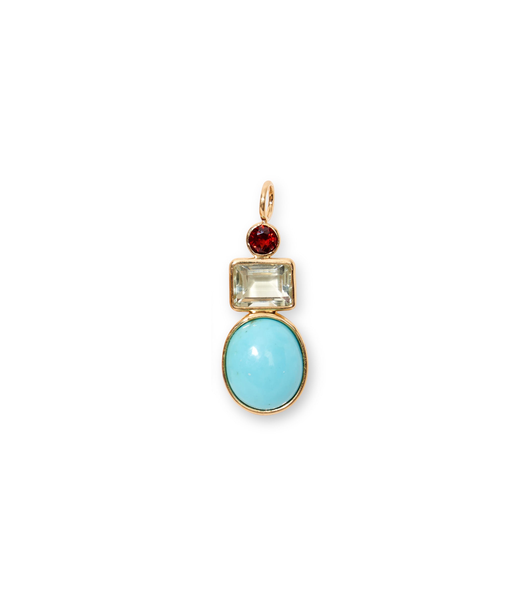 Garnet, Green Amethyst & Turquoise Cabochon 14k Gold Necklace Charm. Faceted garnet, green baguette and turquoise cabochon.