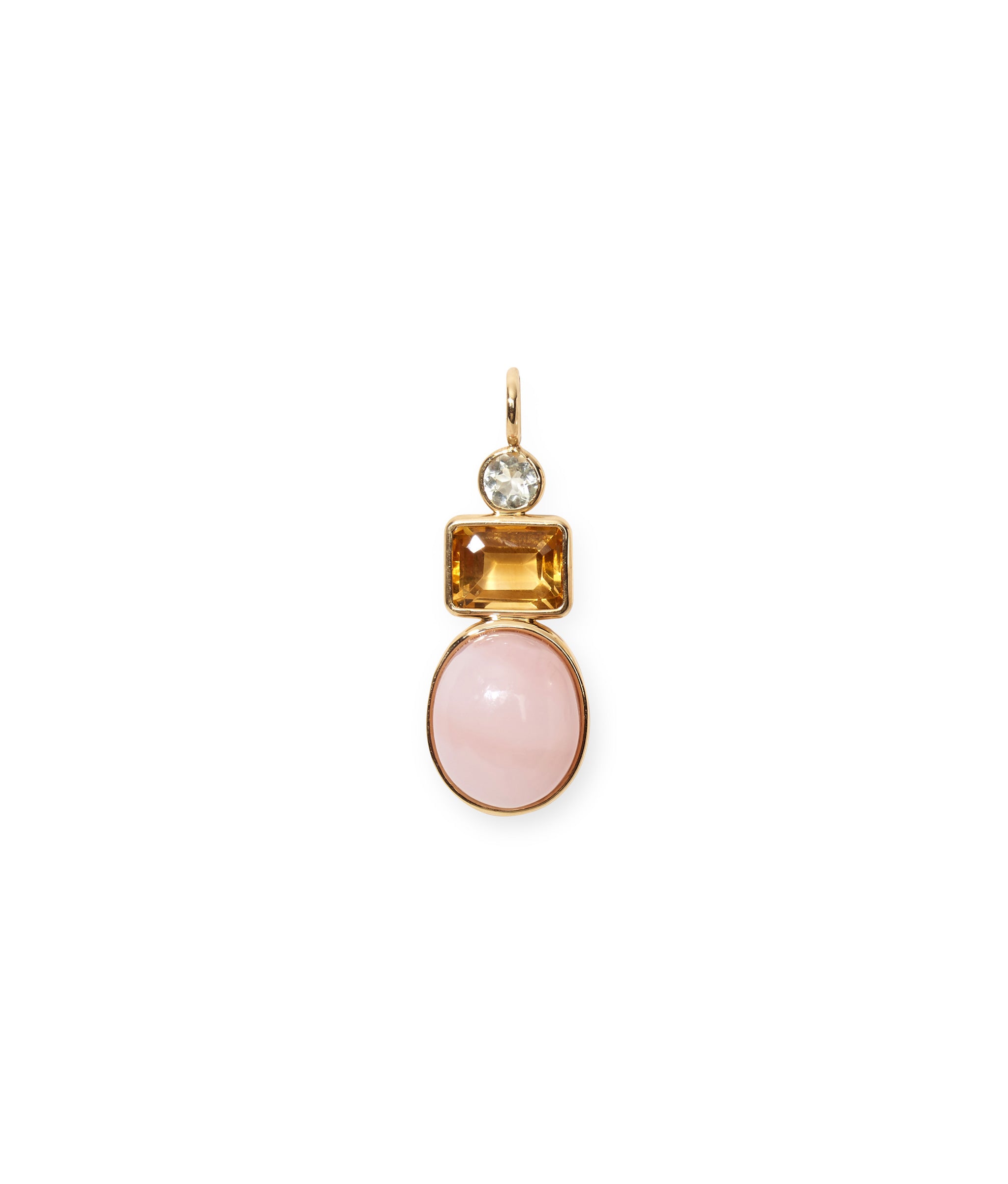 Oval Column 14k Gold Necklace Charm in Green Amethyst, Citrine & Pink Opal Cabochon up close.