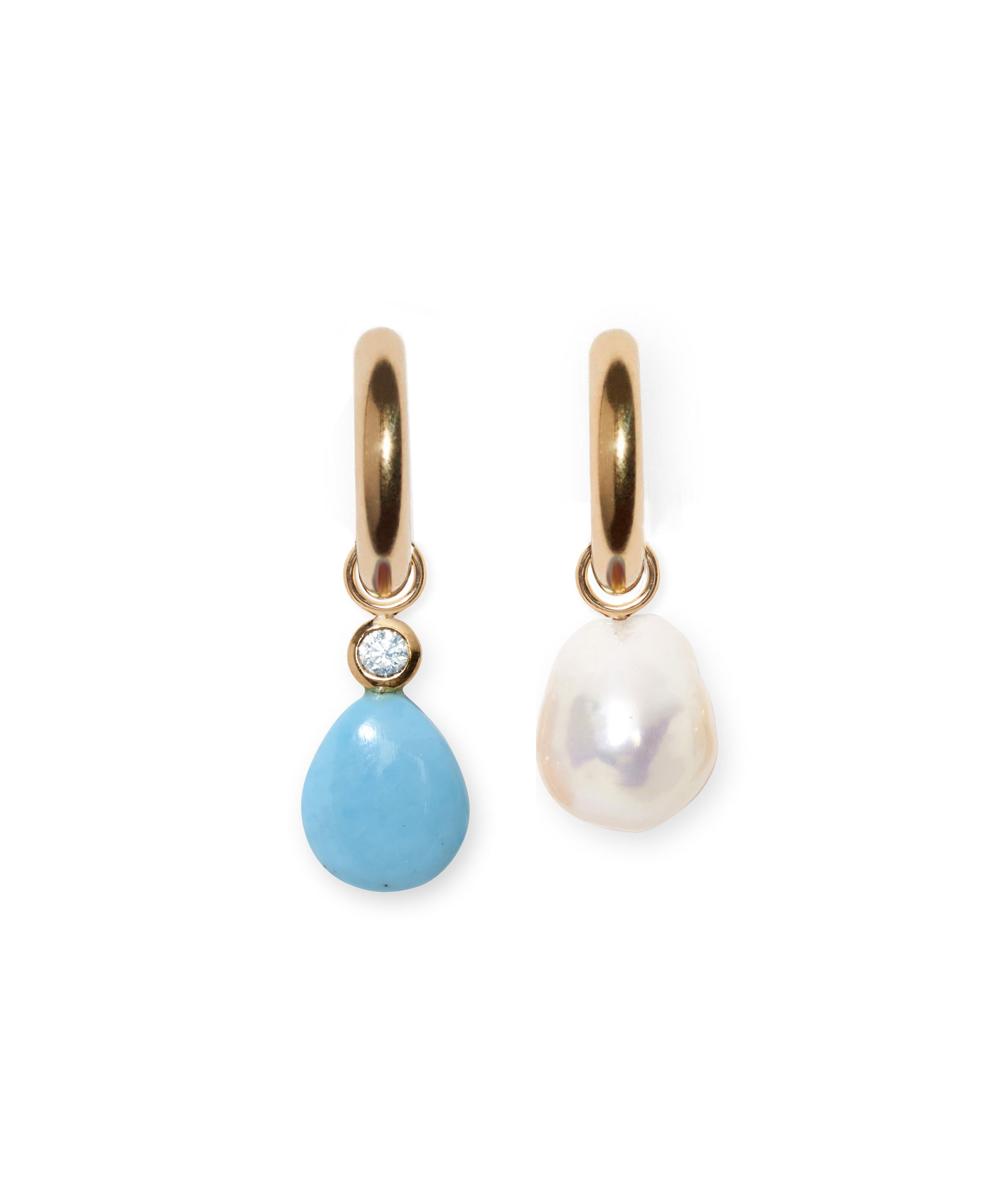 Pair of gold hoops with hanging charms in Sky Blue Topaz & Turquoise and Pearl.