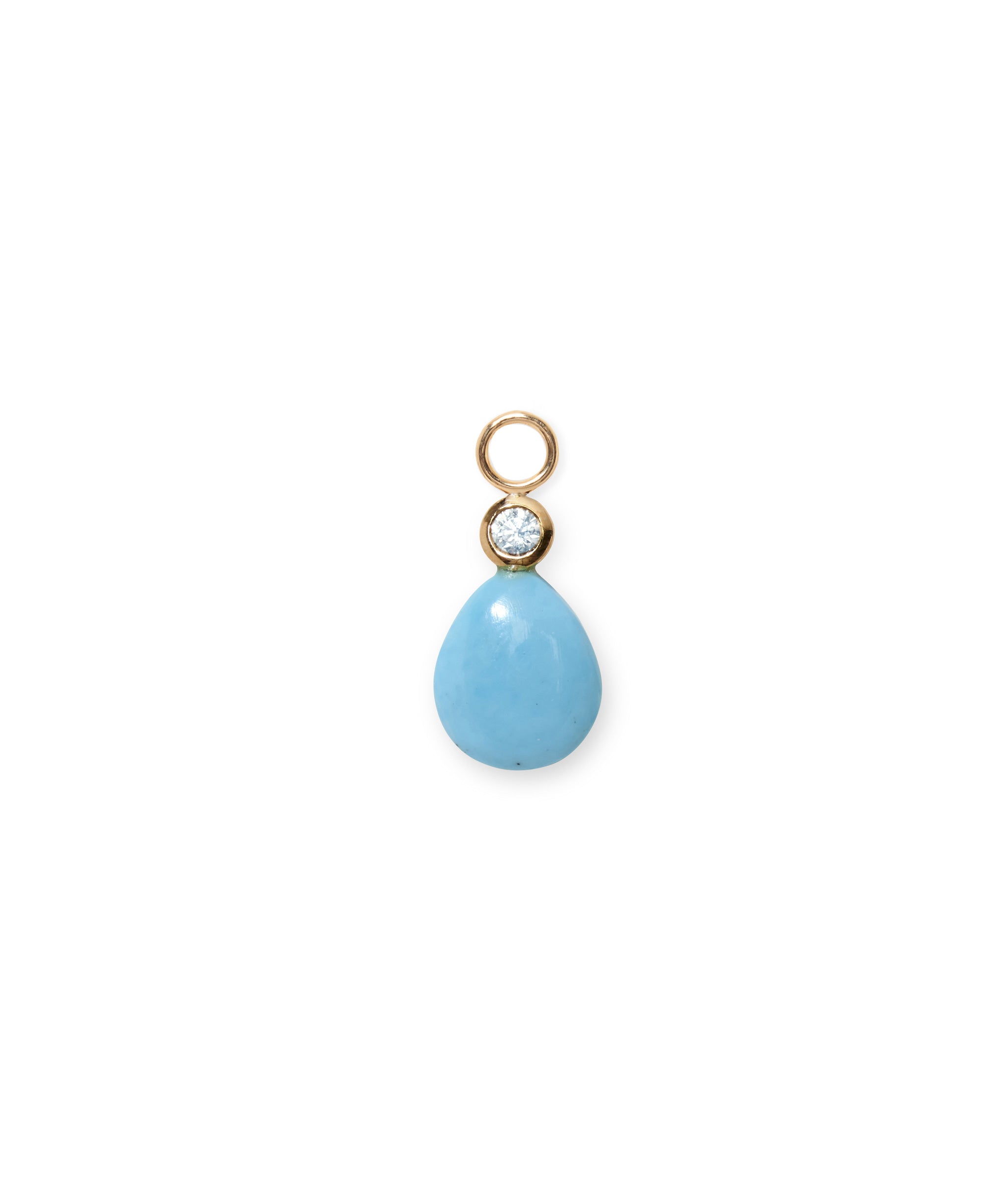 Sky Blue Topaz & Irregular Turquoise 14k Gold Earring Charm. Faceted topaz circle with turquoise teardrop.
