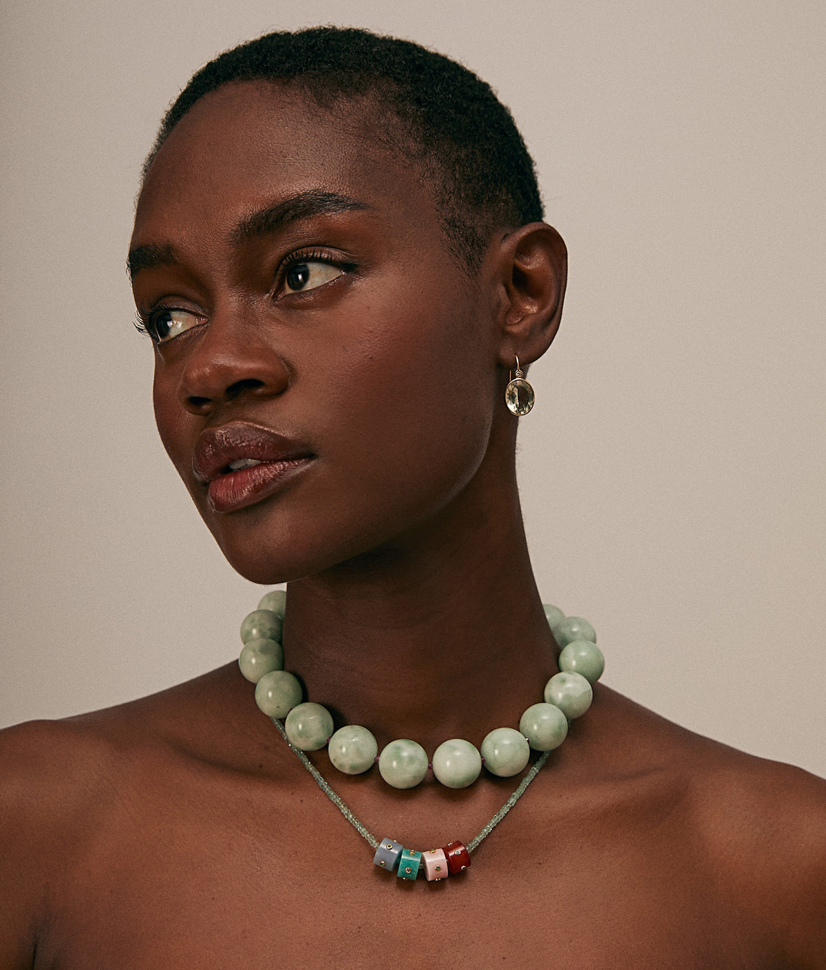 14k Gold Rondelle Charm in Angelite & Emerald