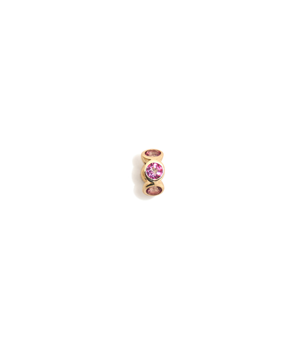 14k Gold Spacer in Pink Topaz. Circular bead charm with faceted pink topaz rounds wrapped in gold.