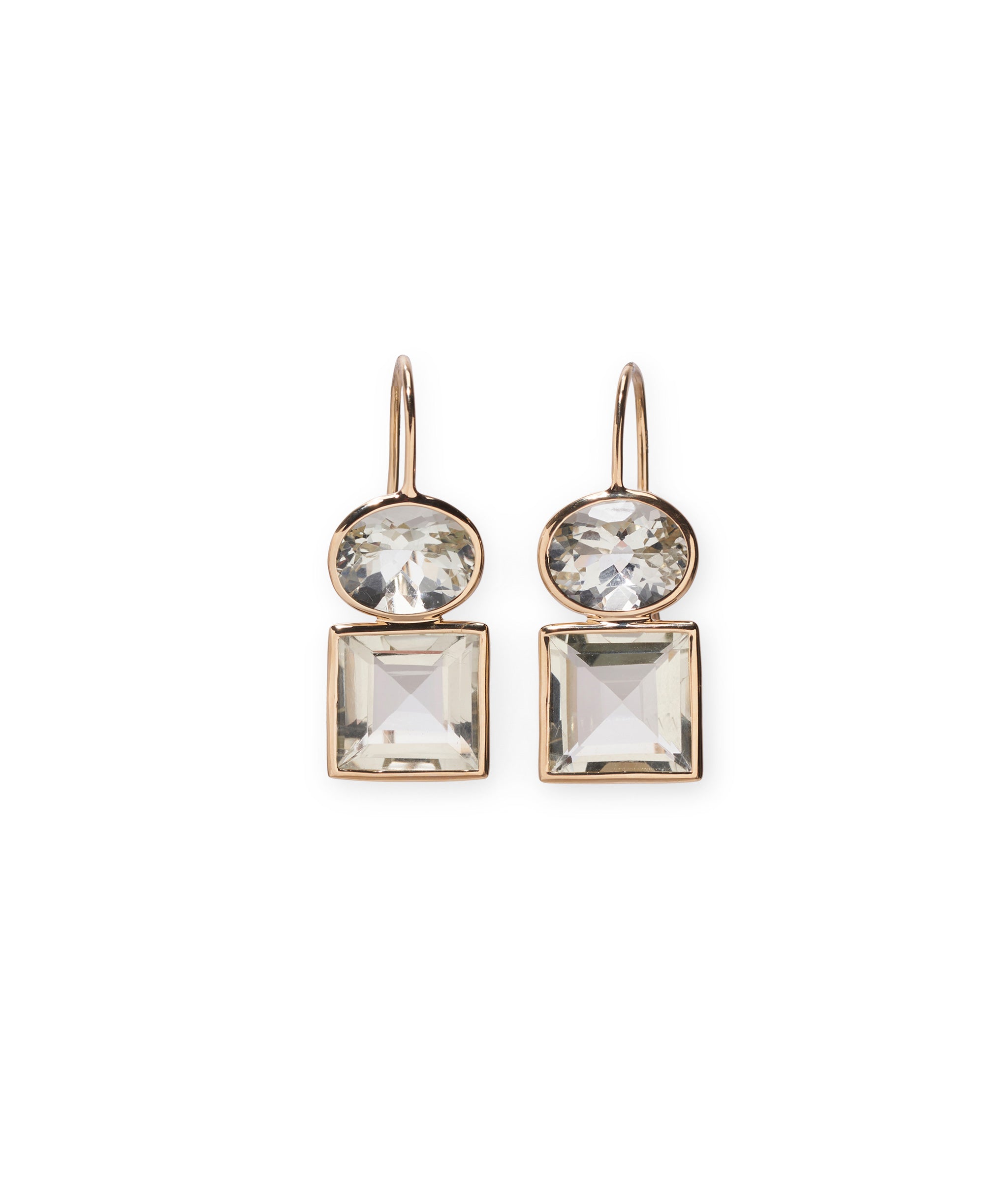 14k Duo Earrings in Green Amethyst. Fine gold earwires with faceted oval and square light green amethyst stones.