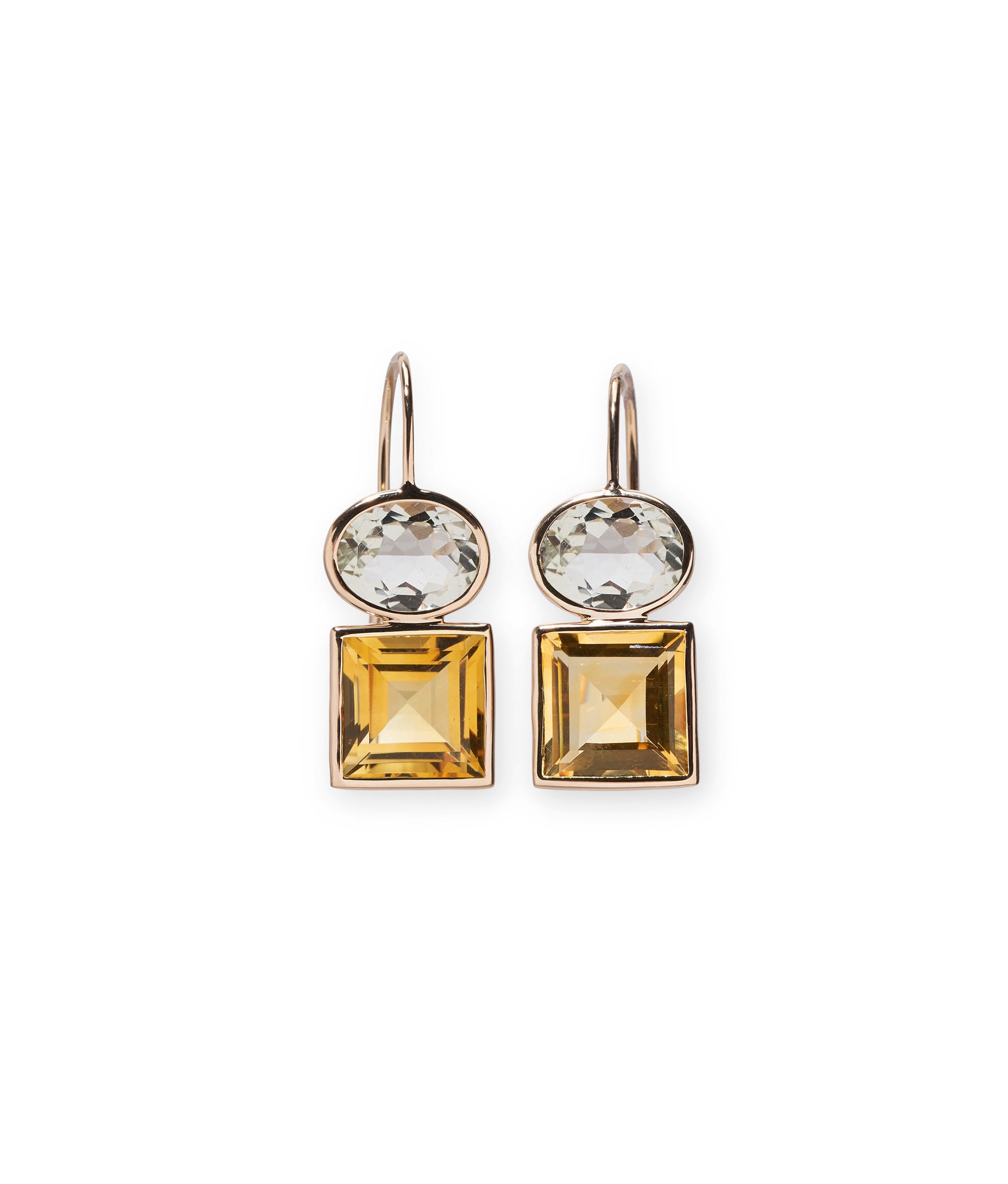 14k Duo Earrings Green Amethyst & Citrine. Fine gold earwires with faceted green amethyst oval and square citrine.