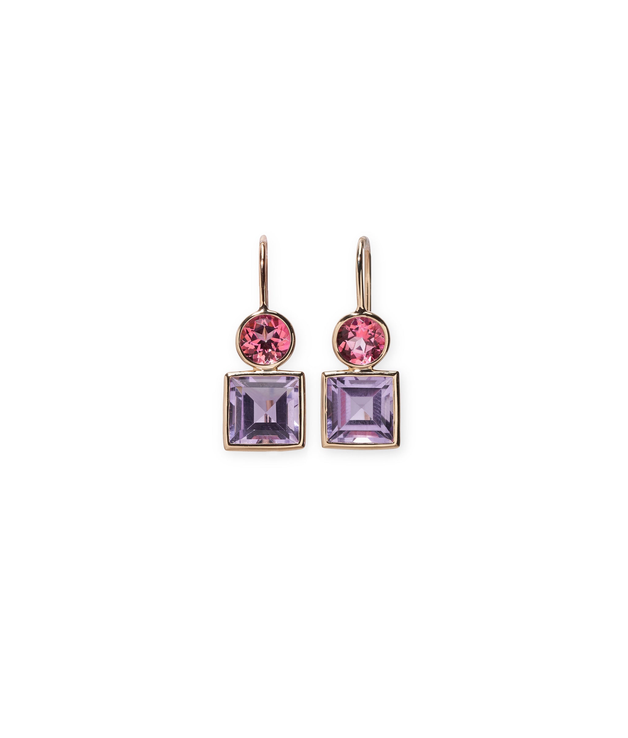 14k Pastille Earrings in Pink Topaz & Amethyst. Fine gold earwires with faceted round pink and square purple stones.