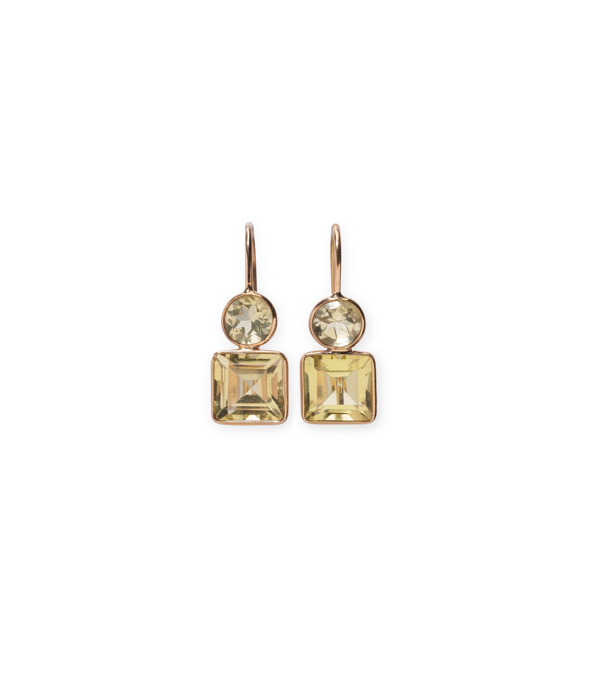 14k Pastille Earrings in Lemon Quartz. Fine gold earwires with faceted round and square yellow quartz stones.