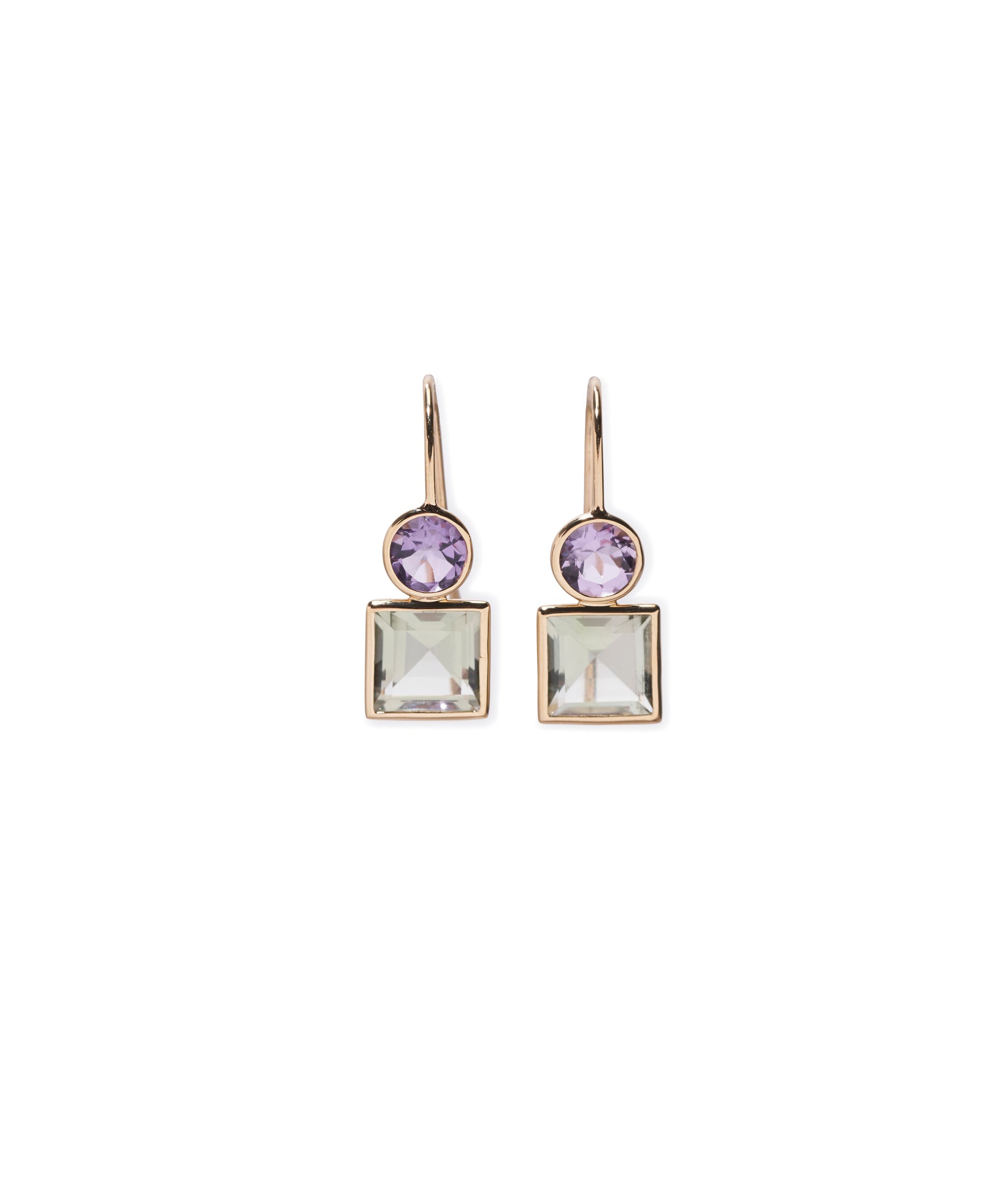 14k Pastille Earrings Amethyst and Green Amethyst. Fine gold earwires with faceted round purple and square green stones.