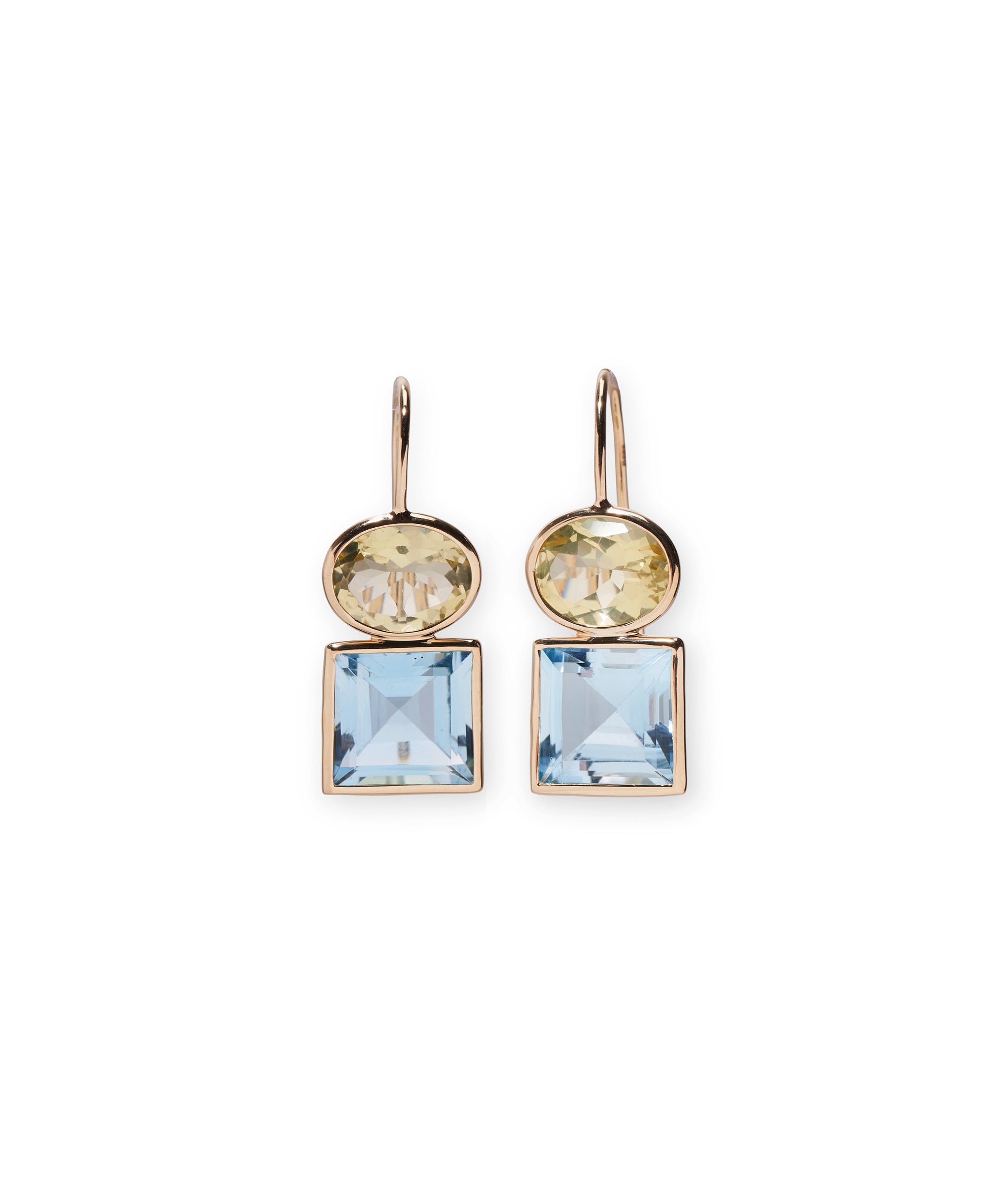 14k Duo Earrings in Lemon Quartz and Sky Blue Topaz. Faceted lemon quartz oval and sky blue topaz square stones with 14k gold bezels