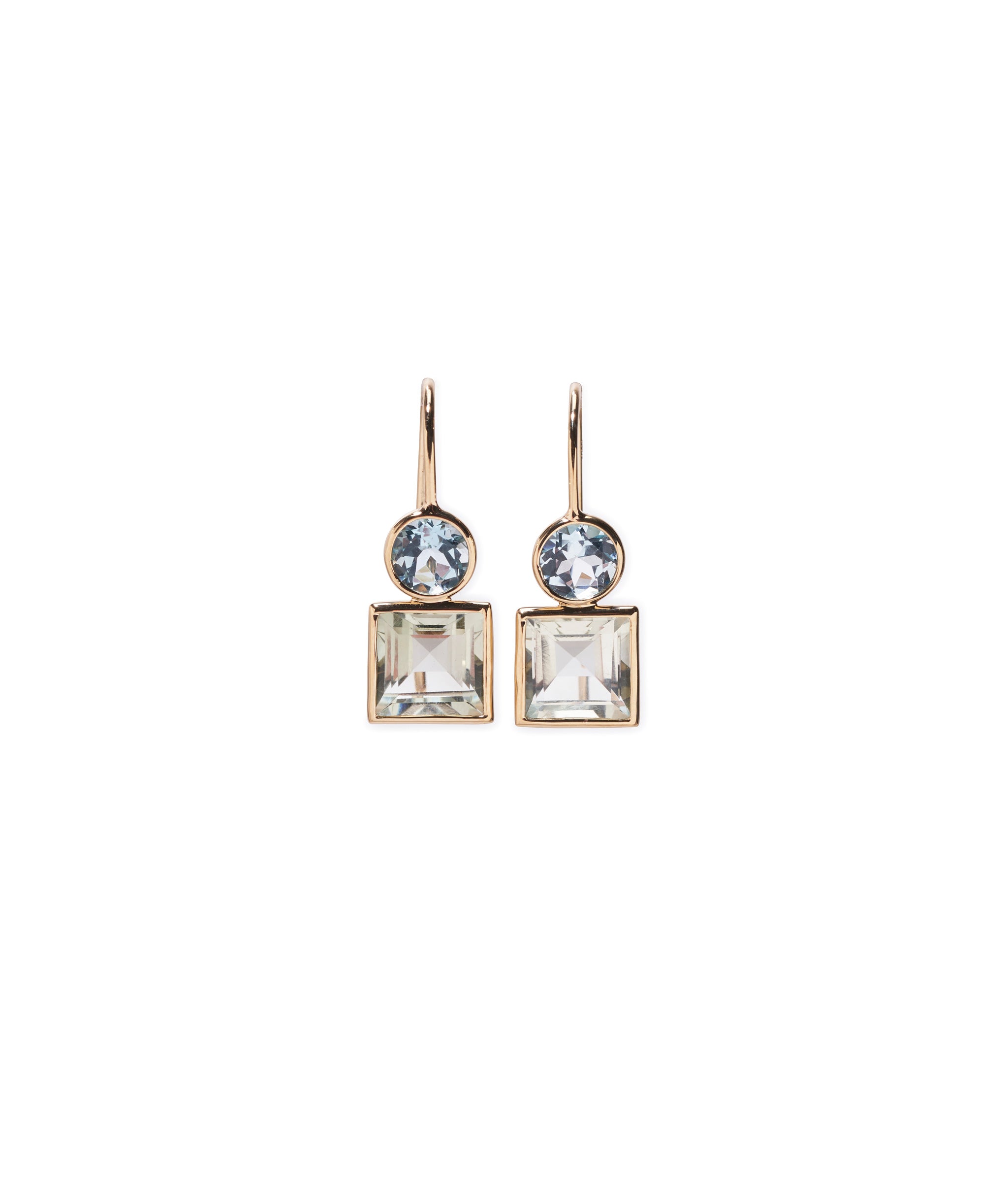 14k Pastille Earrings in Sky Blue Topaz & Green Amethyst. Fine gold earwires with faceted round blue and square green stones.