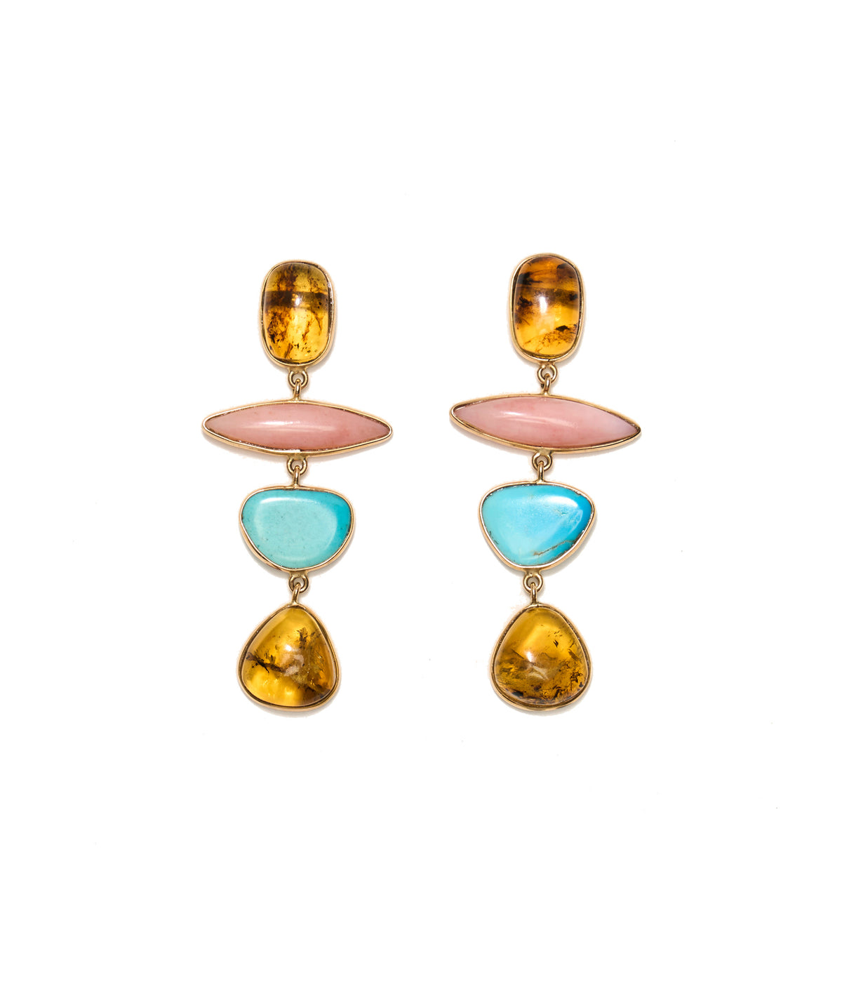 14k Gold Amber, Pink Opal & Turquoise Column Earrings