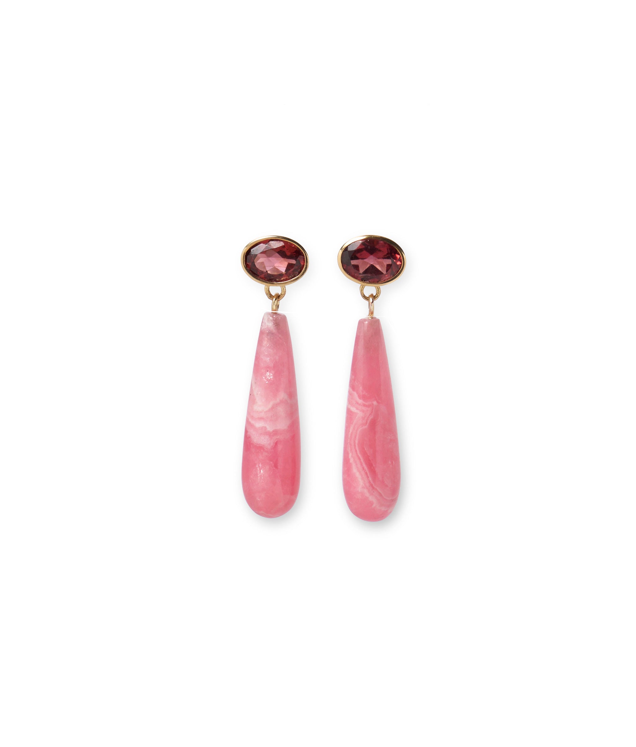 14k gold earrings with faceted semiprecious garnet tops and hanging pink rhodochrosite drops.