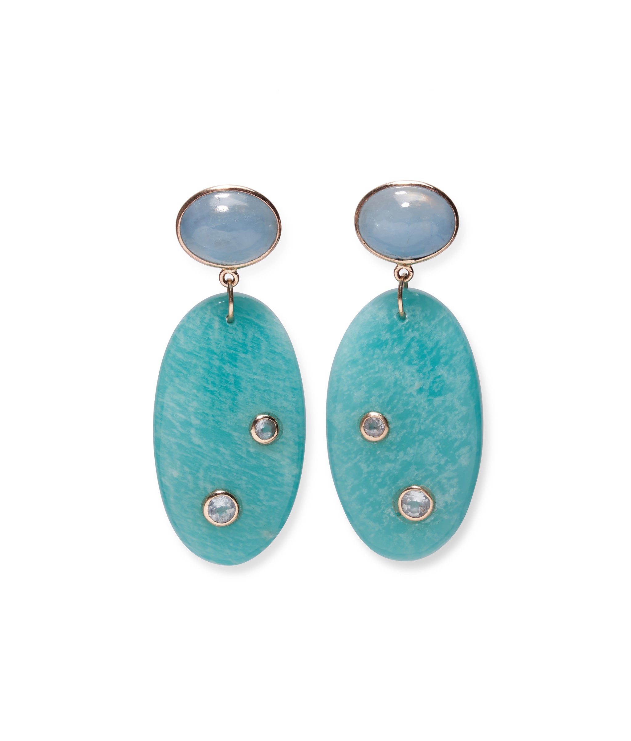 14k Gold, Aquamarine & Amazonite Earrings. Large statement pair with aquamarine tops, amazonite drops, blue topaz inlay.