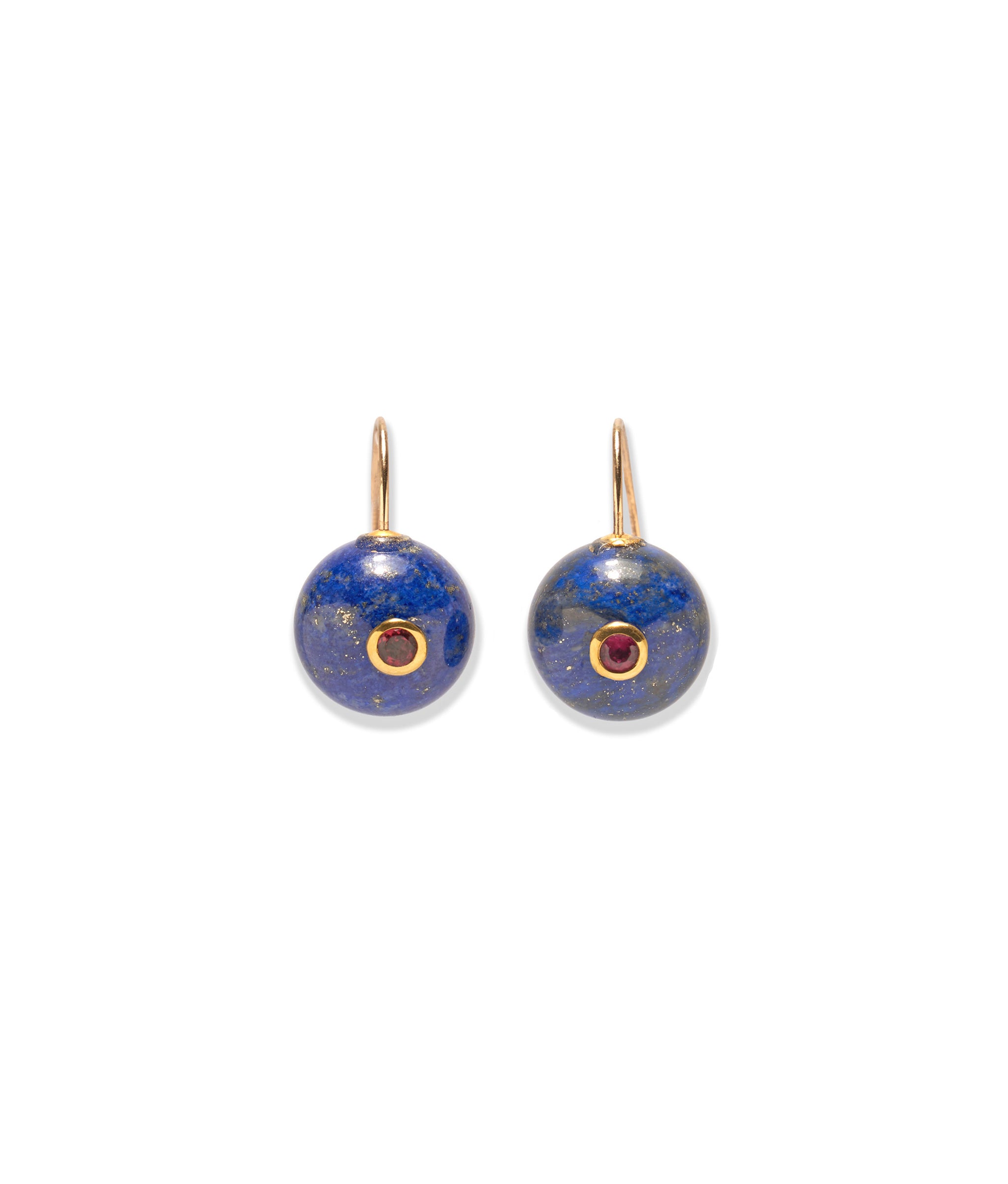 Comet Earrings in Lapis. Gold earwires with spherical lapis stones inlaid with faceted pink rhodolite.