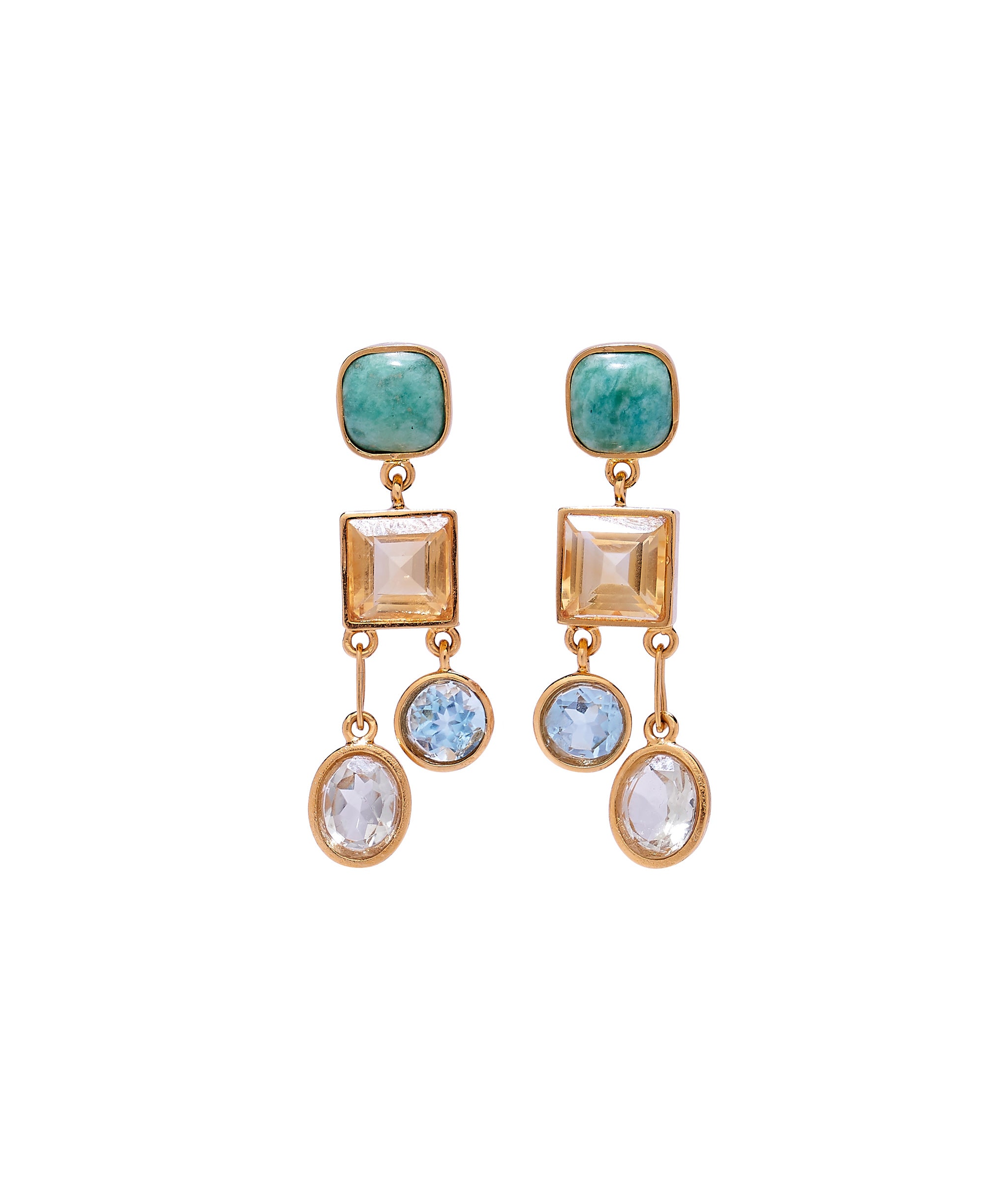 Anemone Earrings. With amazonite tops, faceted citrine squares, and blue topaz and green amethyst stone drops. 