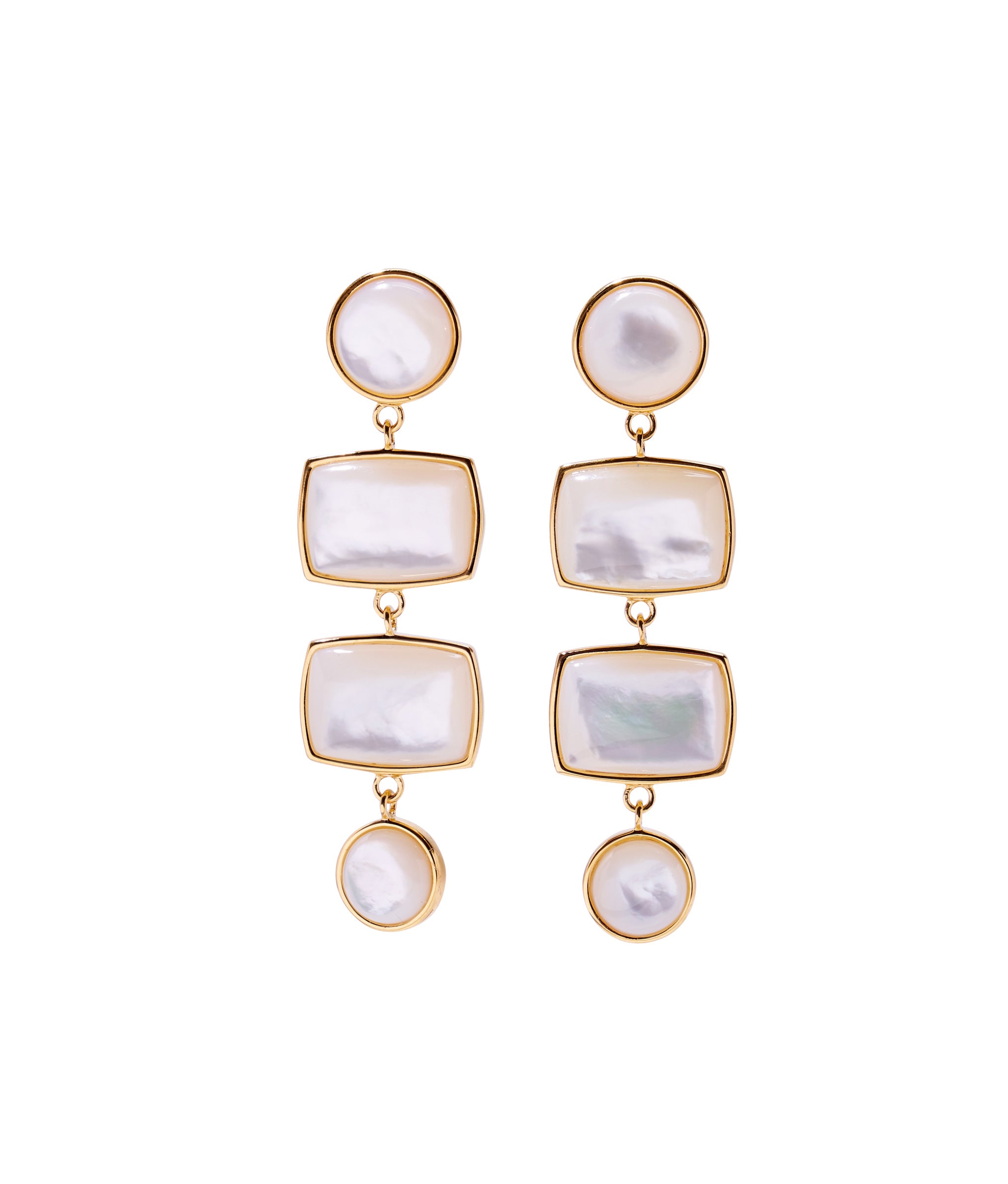 Casablanca Earrings. Gold-plated brass statement column earrings with mother-of-pearl circle and rectangle tiers.