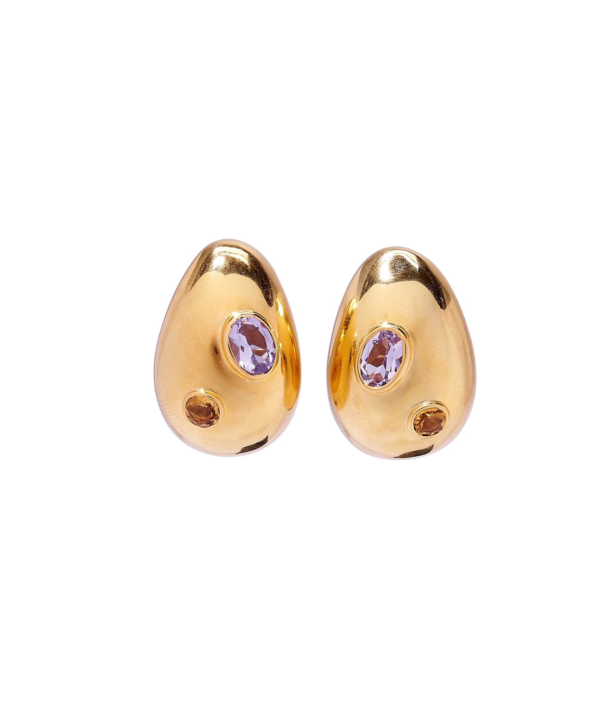 Mini Arp Earrings in Studded Gold. Gold-plated abstract teardrop earrings inlaid with pink amethyst and citrine stones.