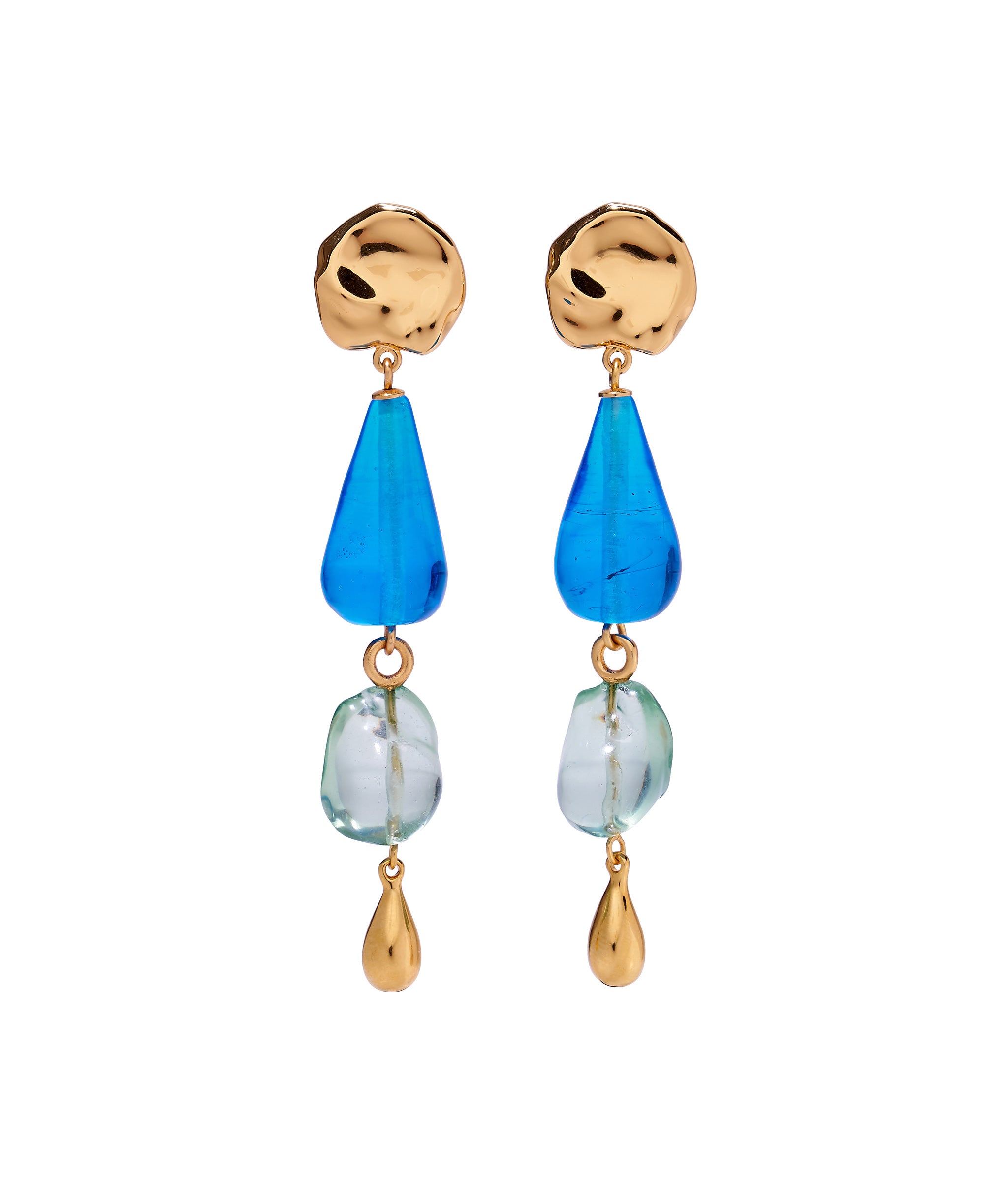 Palma Earrings. Long earrings with gold coin tops, linked blue glass and aqua resin beads, and gold drops.