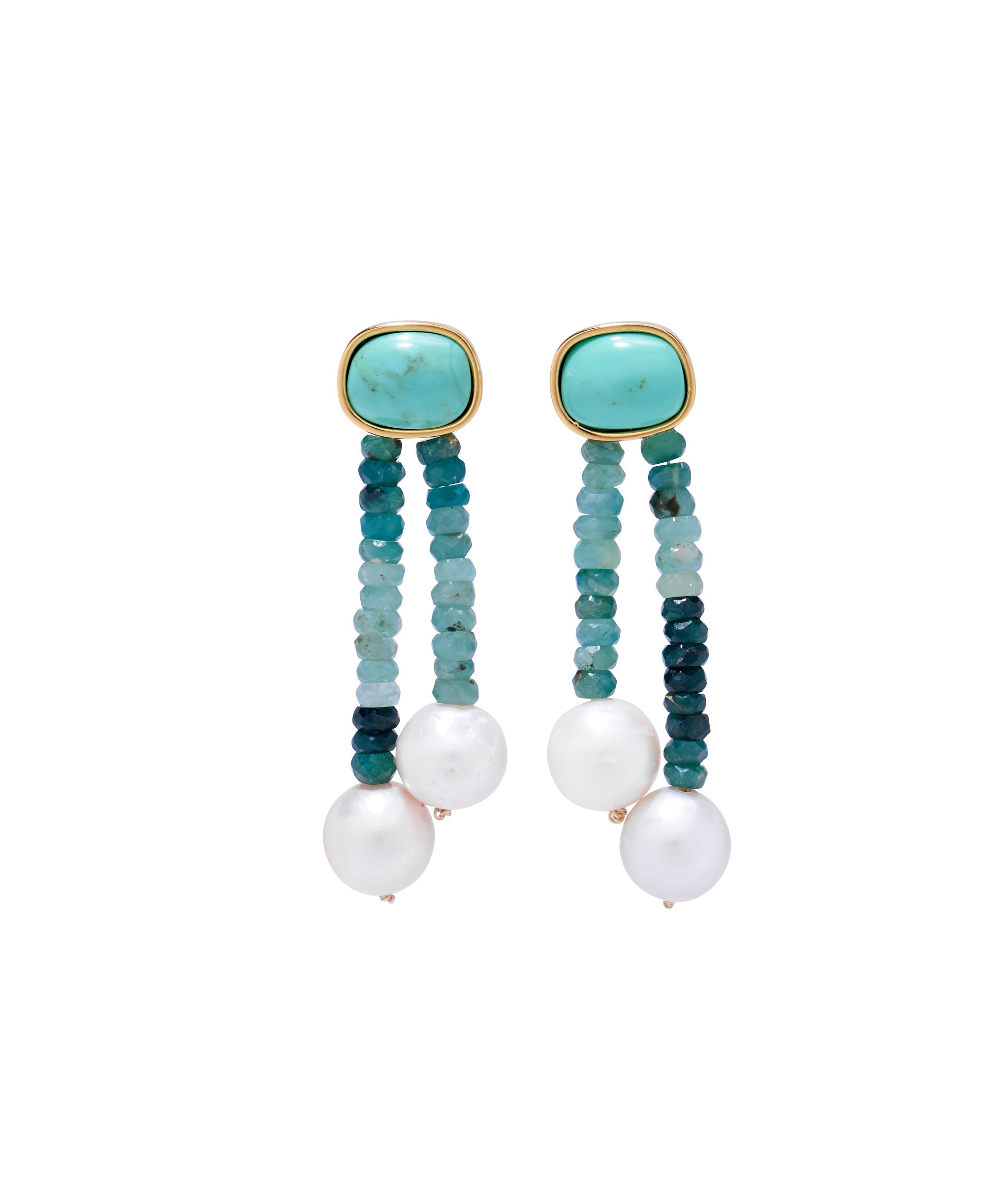 Alvar Earrings in Turquoise. With turquoise tops, shaded blue-green grandidierite beads, and pearl drops.