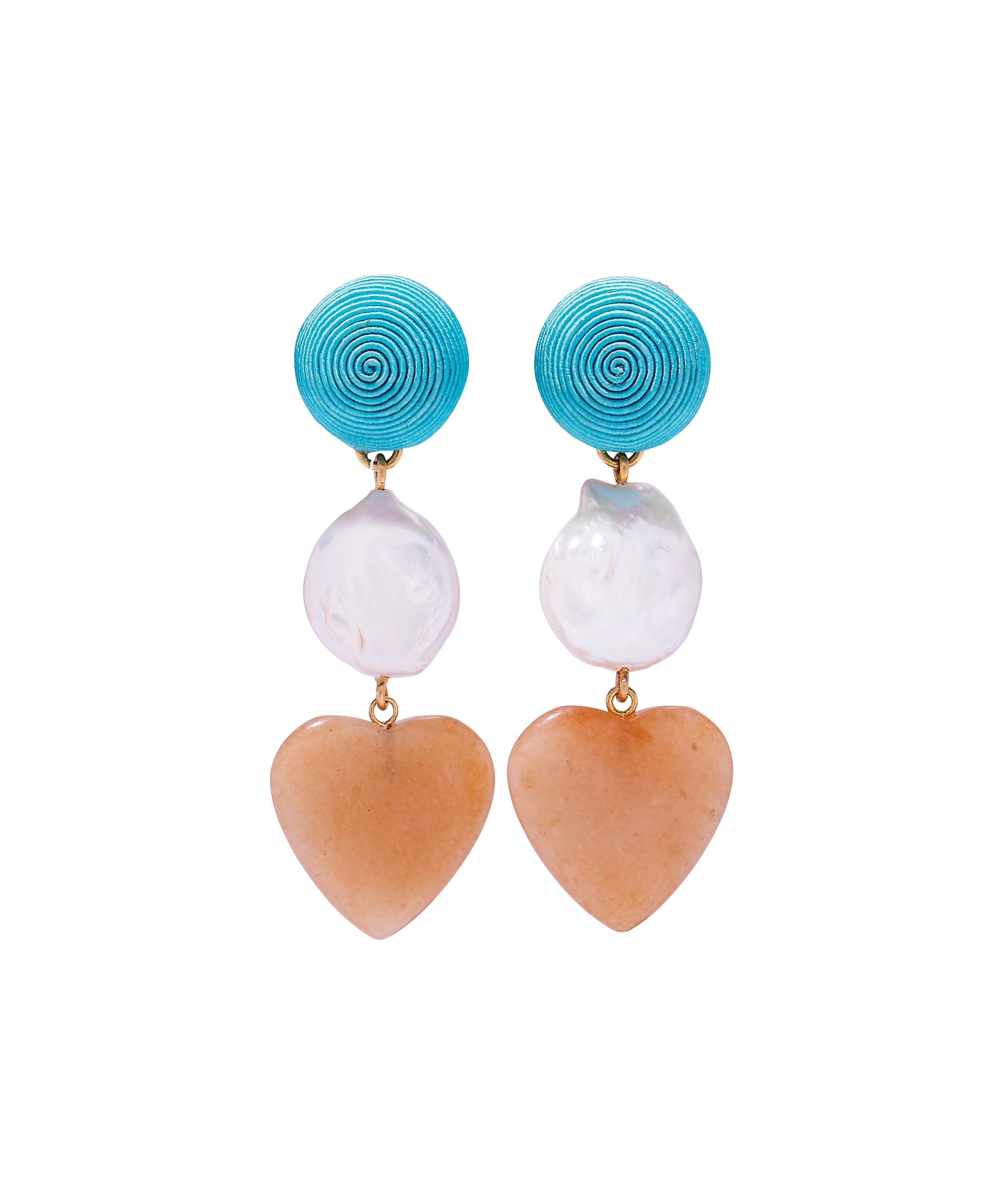 Enchanted Heart Earrings. Long statement earrings with teal silk coil tops, pearls, and hanging peach aventurine hearts.