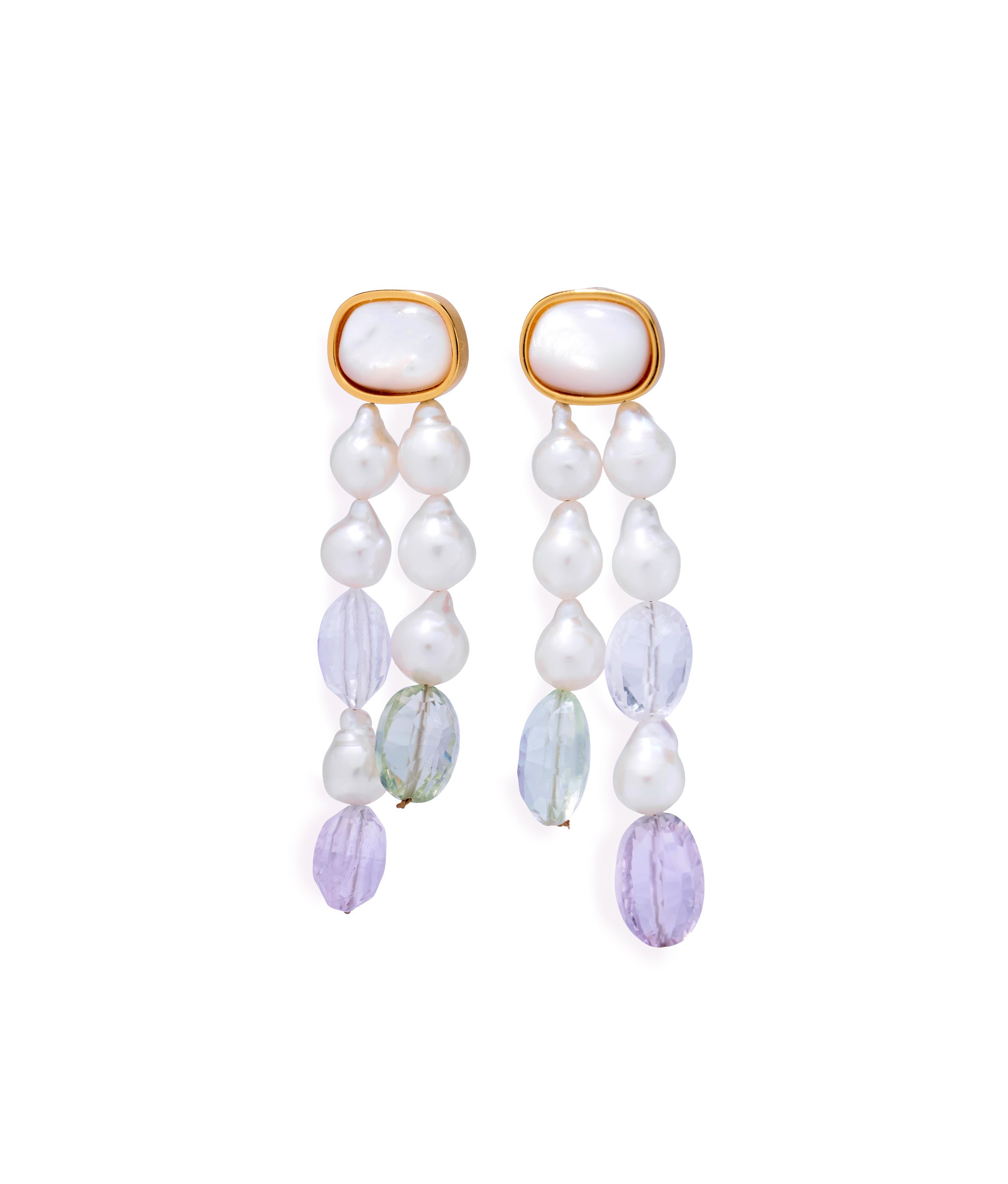 Pearl Holiday Earrings. With other-of-pearl tops and hanging quartz, green amethyst and pink amethyst stones and pearls.Pearl Holiday Earrings. With mother-of-pearl tops and hanging double strands of quartz, green + pink amethyst and pearls