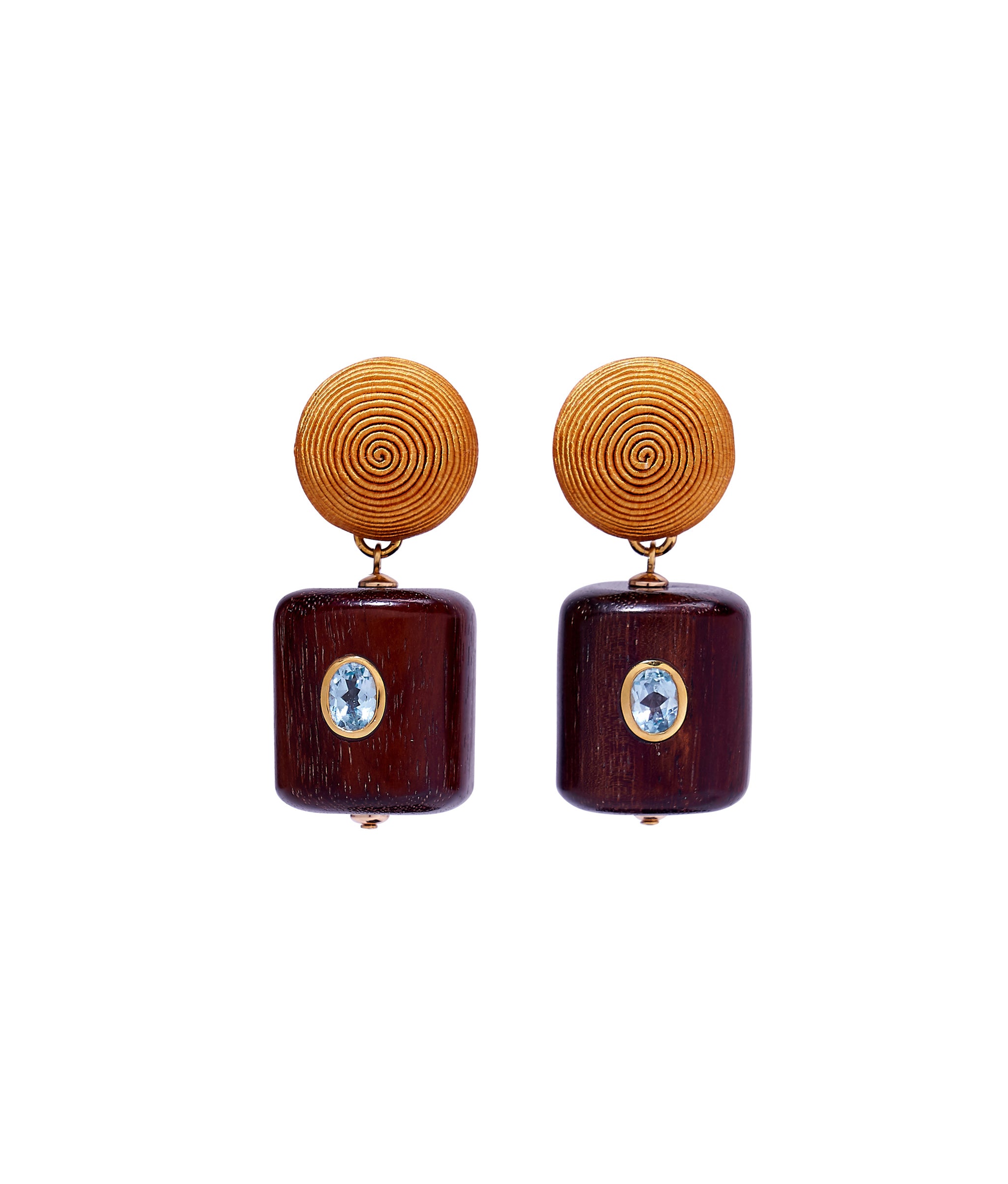 Lantern Earrings. With deep yellow silk cord tops and wood bead drops set with sky blue topaz stones.